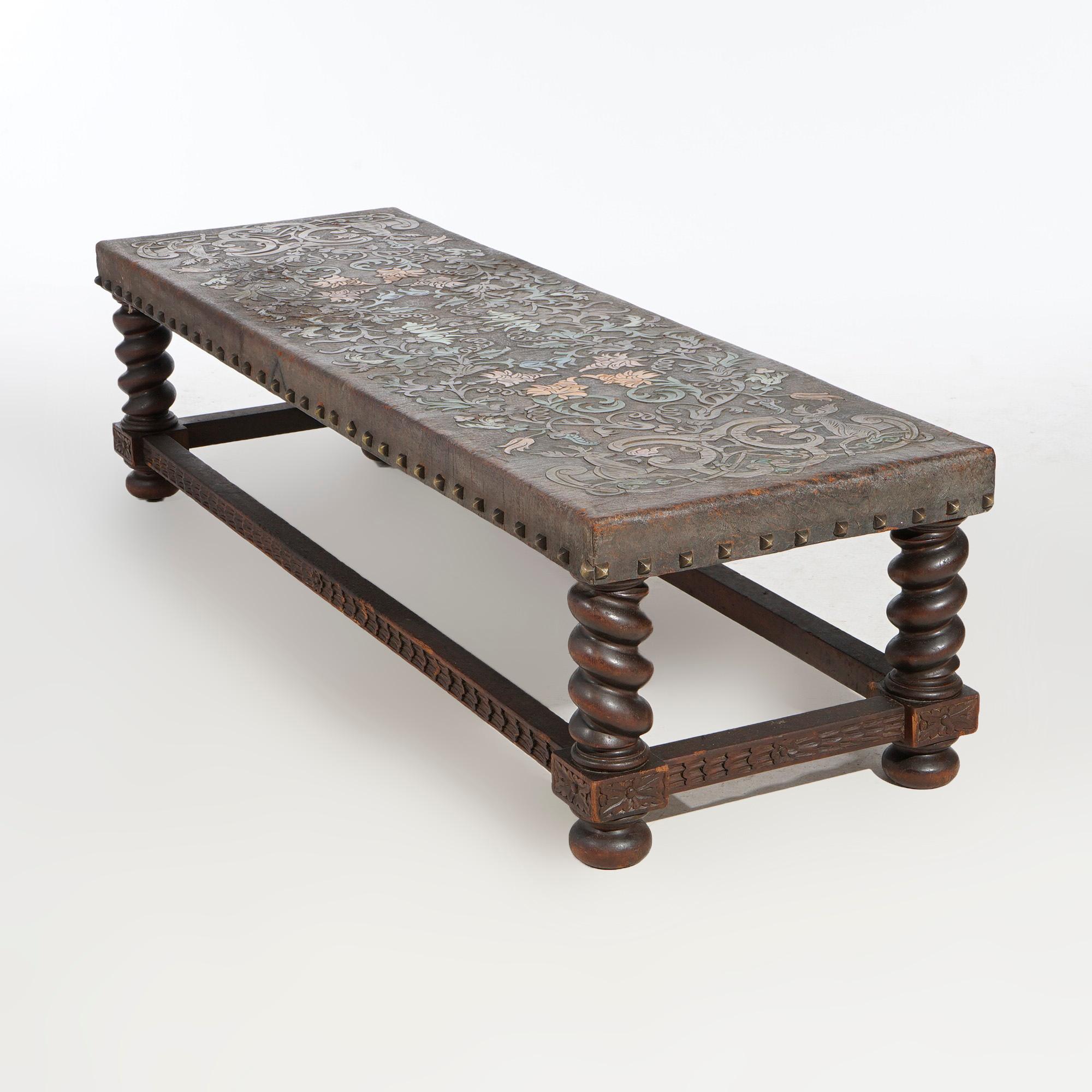 20th Century Antique Elizabethan Carved Oak & Tooled Leather Low Bench, Circa 1910