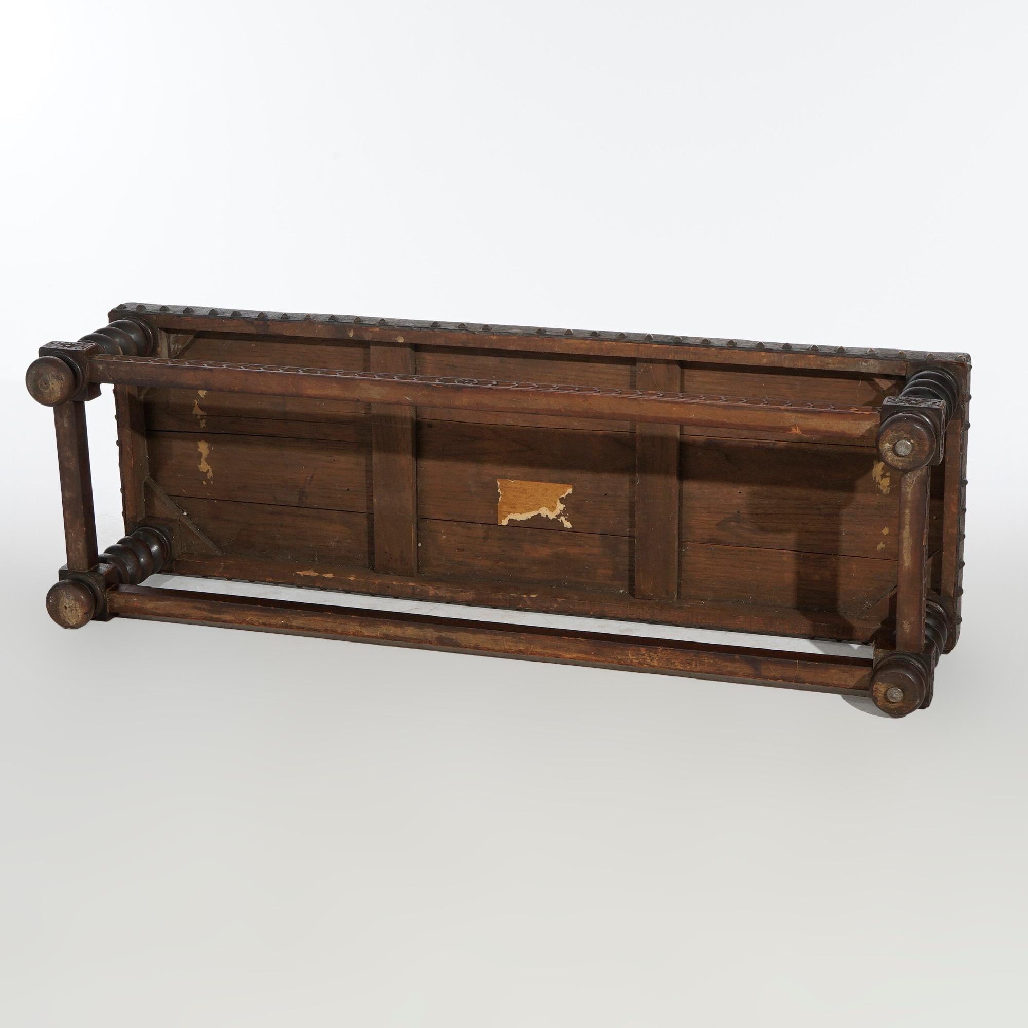 Antique Elizabethan Carved Oak & Tooled Leather Low Bench, Circa 1910 1