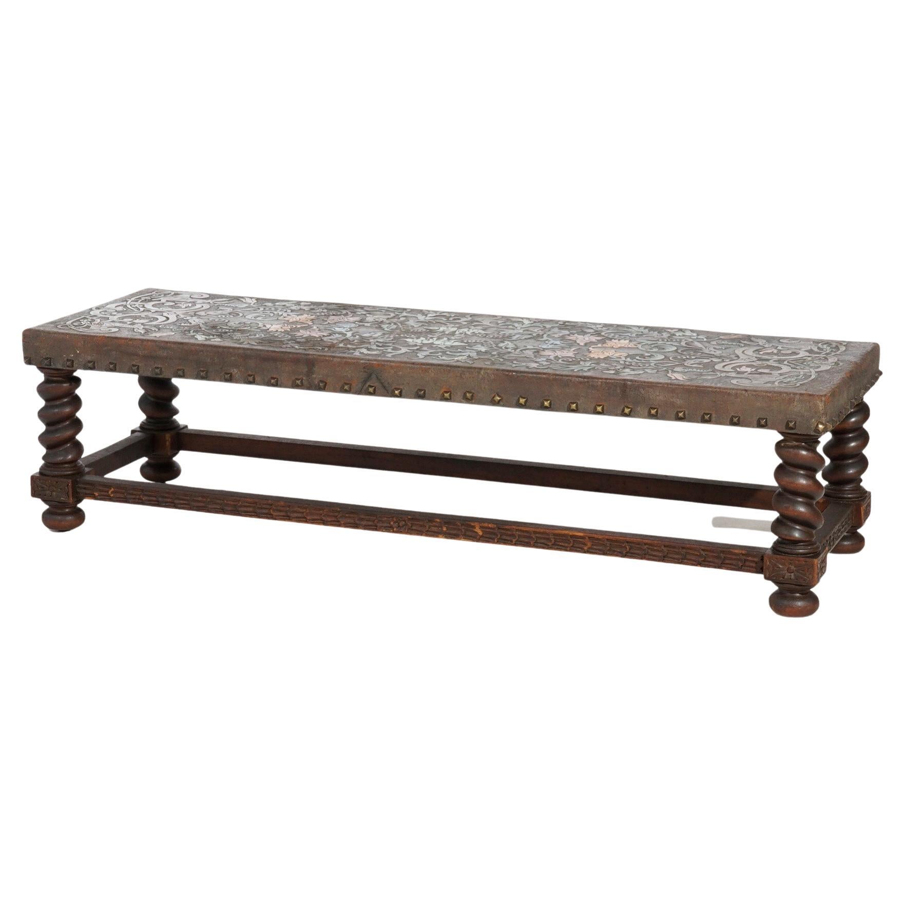 English Antique Elizabethan Carved Oak & Tooled Leather Low Bench, Circa 1910