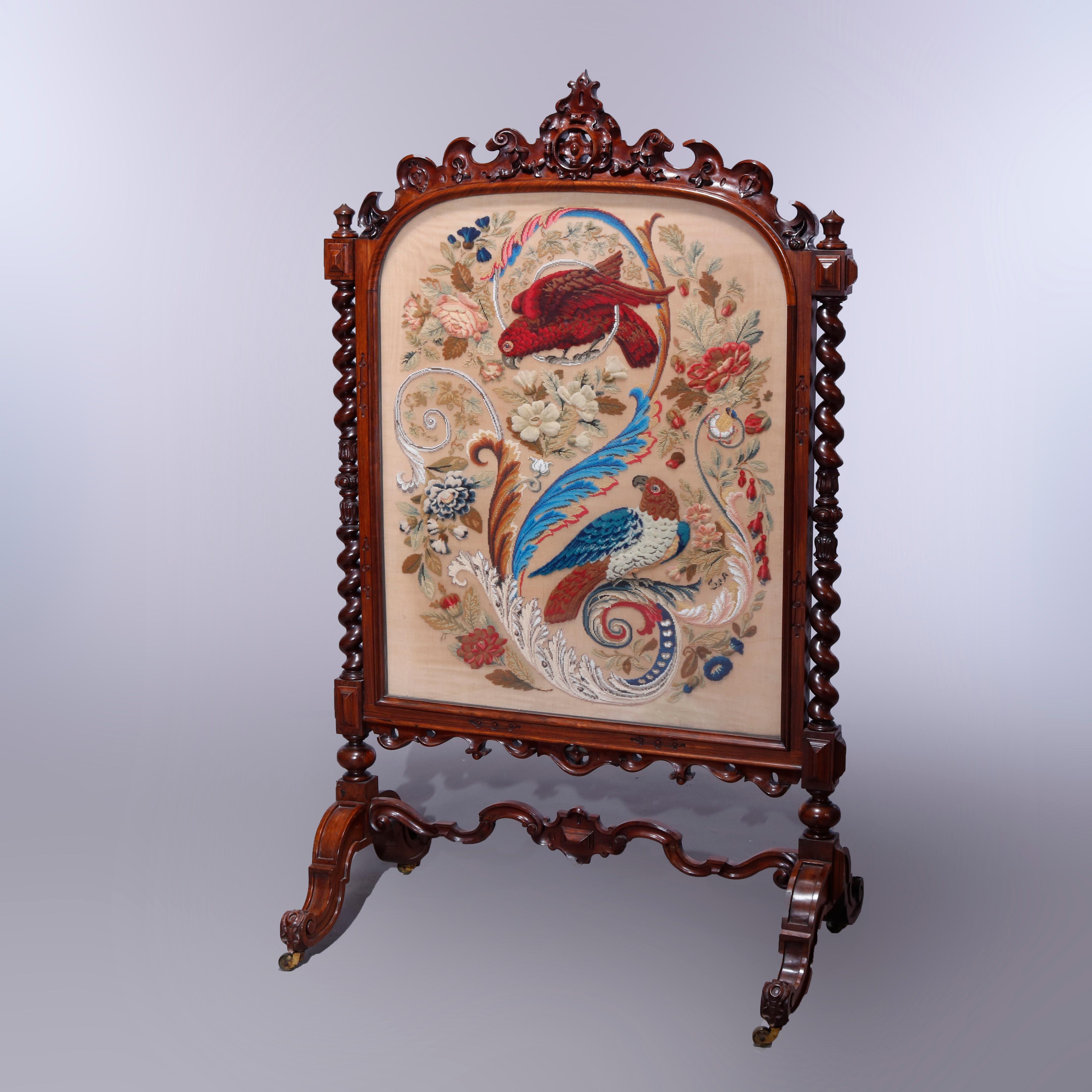Antique Elizabethan Carved Rosewood, Needle & Beadwork Peacock Fire Screen c1850 10