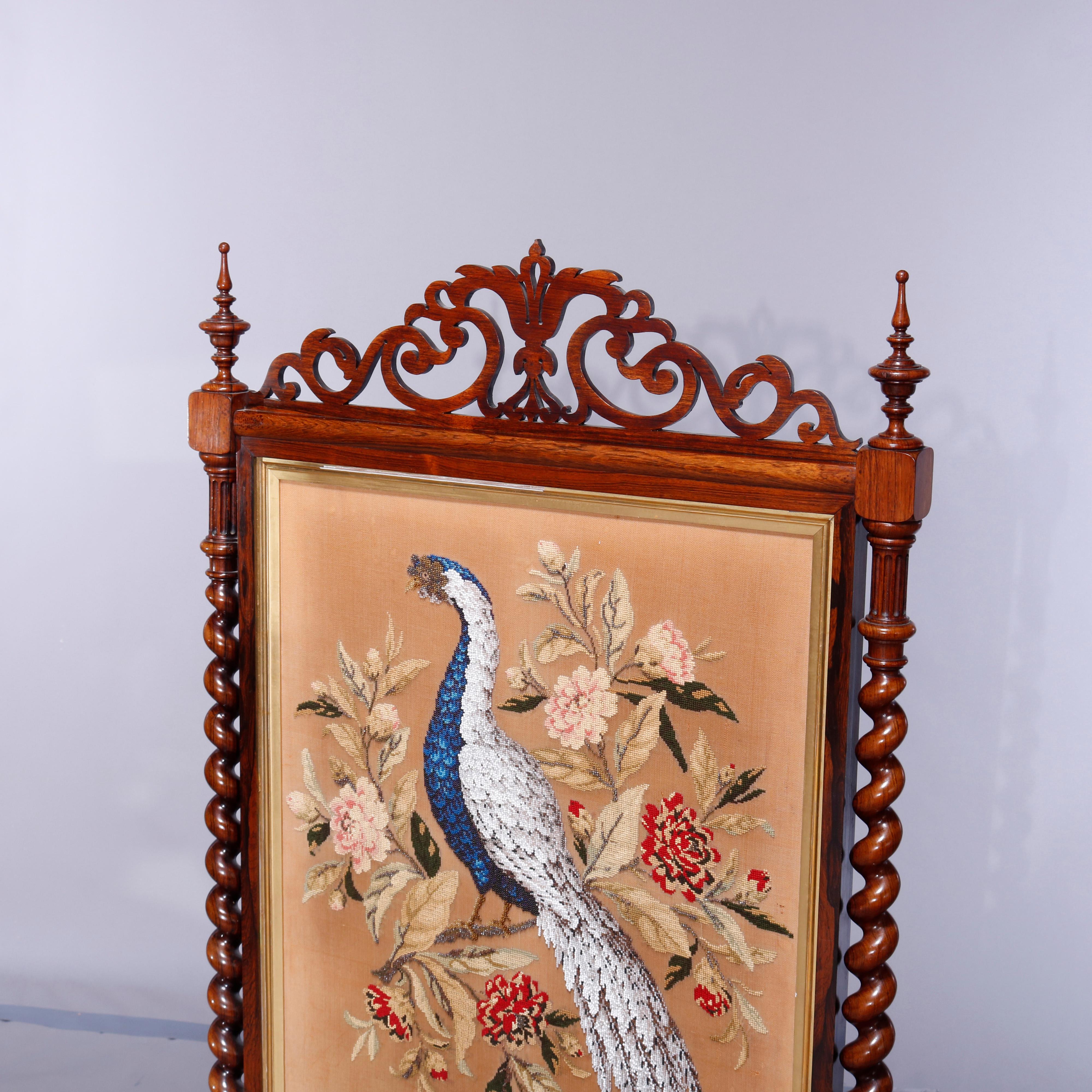 English Antique Elizabethan Carved Rosewood, Needle & Beadwork Peacock Fire Screen c1850