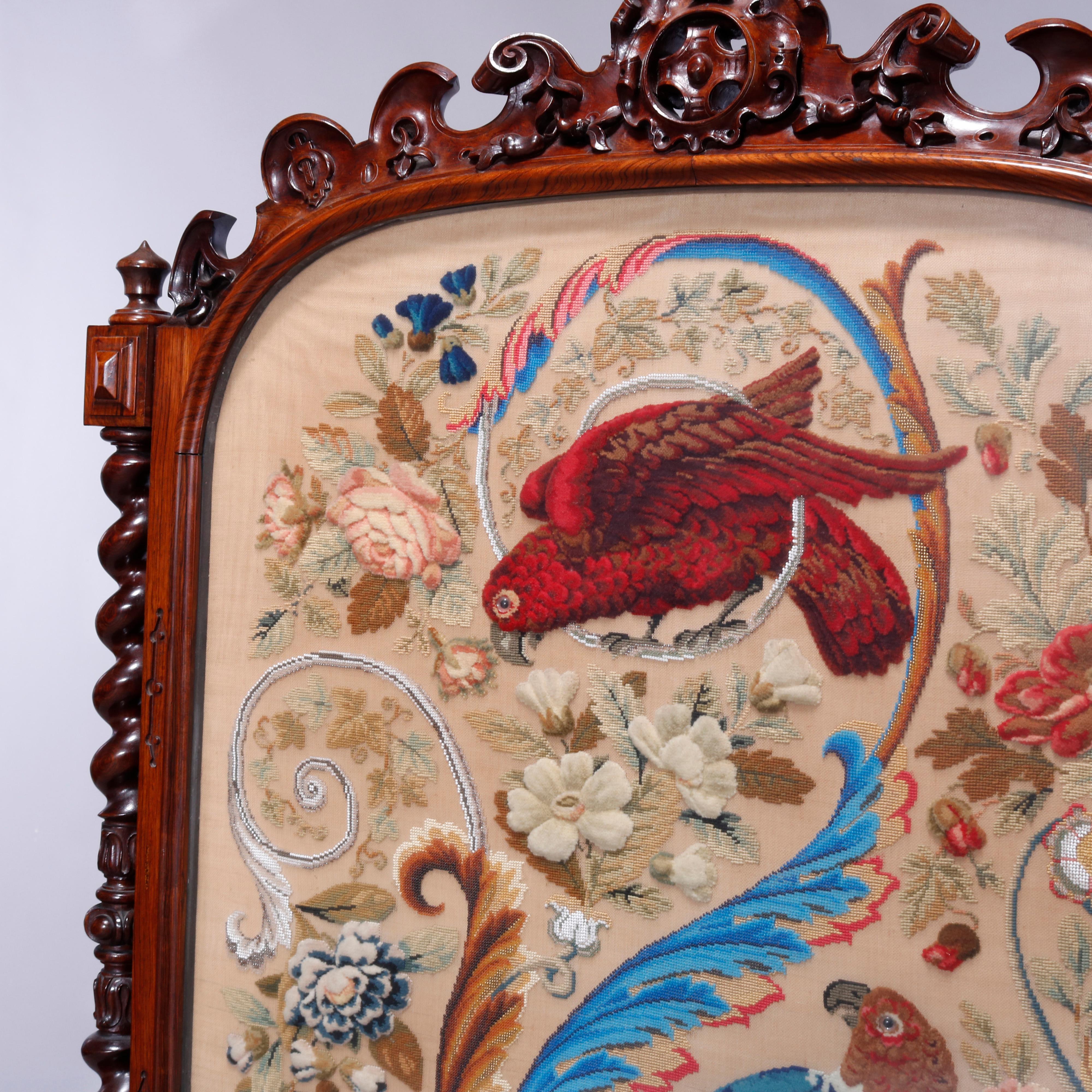 Antique Elizabethan Carved Rosewood, Needle & Beadwork Peacock Fire Screen c1850 In Good Condition In Big Flats, NY