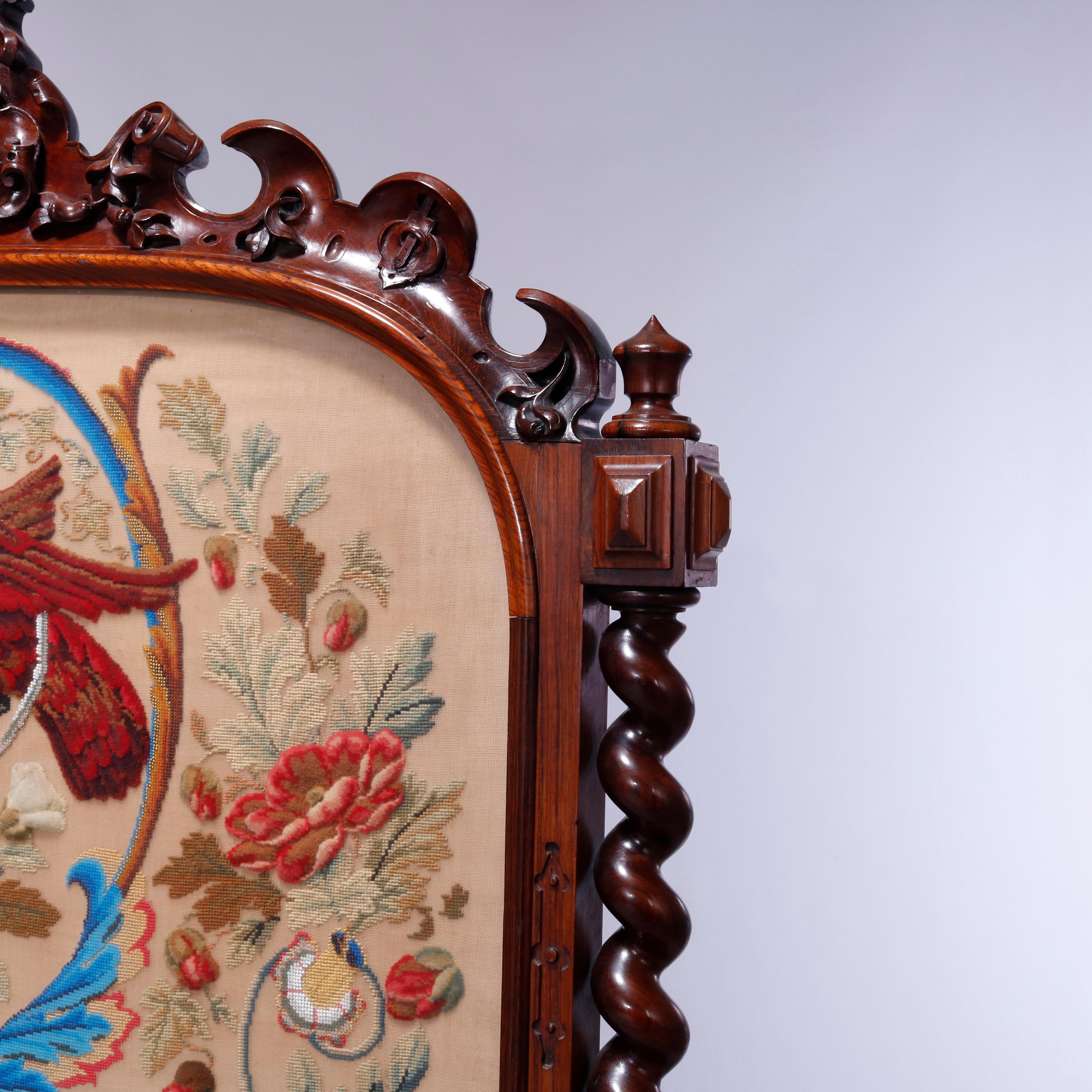 19th Century Antique Elizabethan Carved Rosewood, Needle & Beadwork Peacock Fire Screen c1850