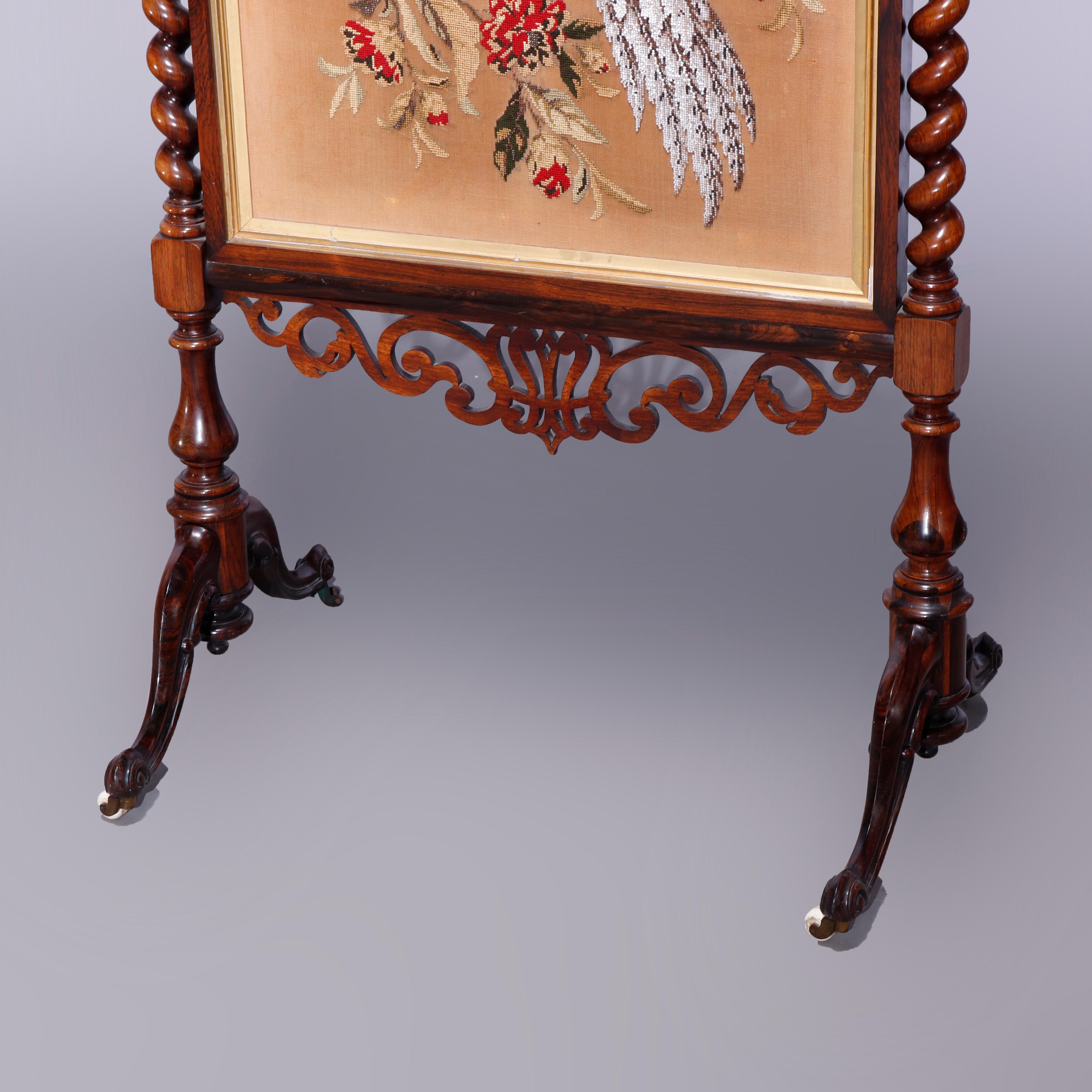 Antique Elizabethan Carved Rosewood, Needle & Beadwork Peacock Fire Screen c1850 In Good Condition In Big Flats, NY