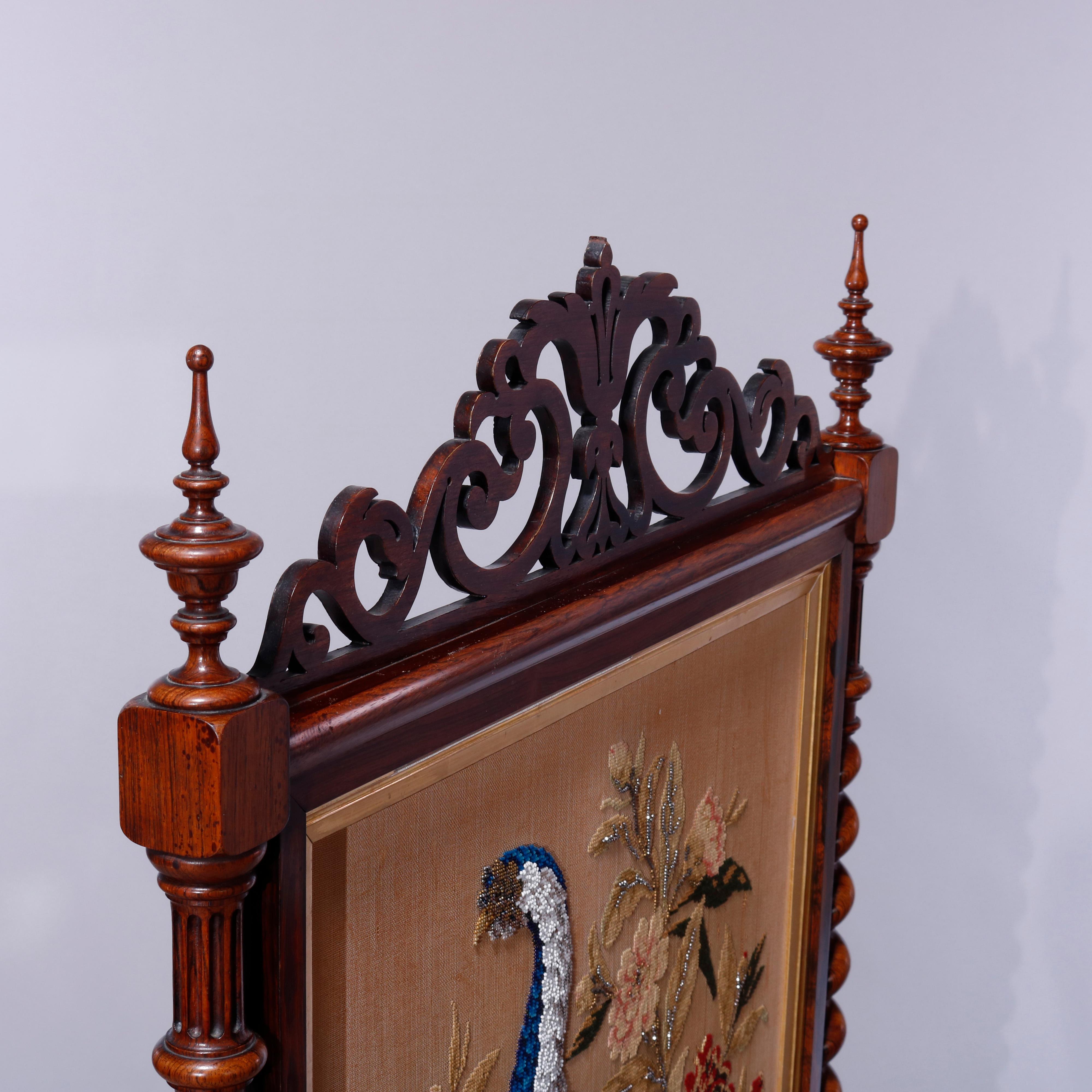Tapestry Antique Elizabethan Carved Rosewood, Needle & Beadwork Peacock Fire Screen c1850
