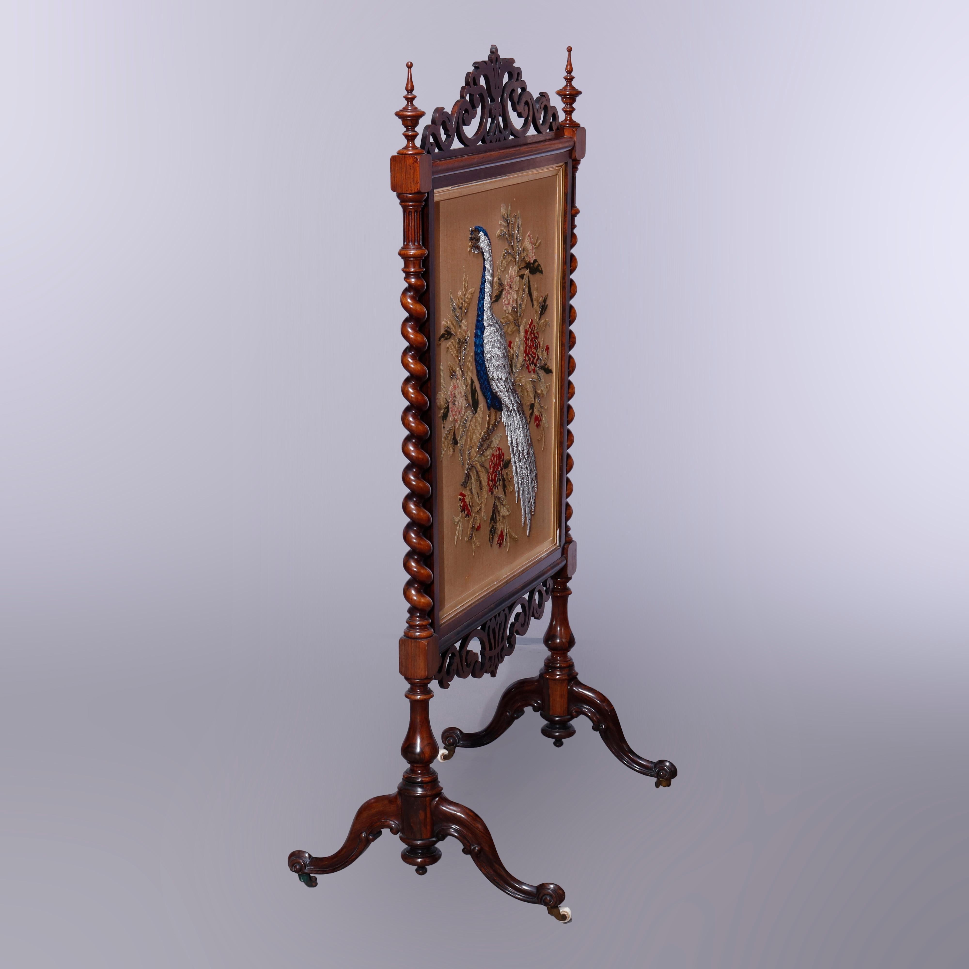 Antique Elizabethan Carved Rosewood, Needle & Beadwork Peacock Fire Screen c1850 2