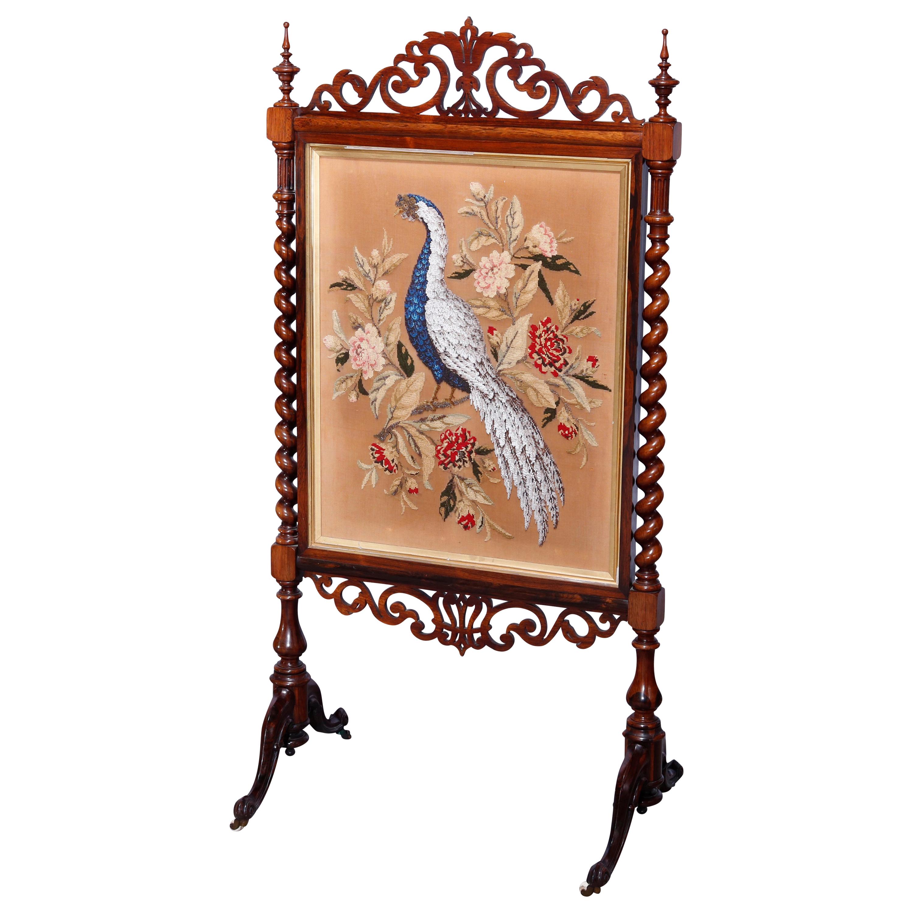 Antique Elizabethan Carved Rosewood, Needle & Beadwork Peacock Fire Screen c1850