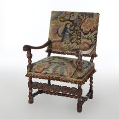 Antique Elizabethan English Carved Walnut Tapestry Arm Chair 19th C
