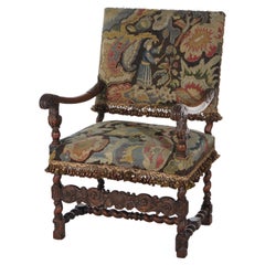 Antique Elizabethan English Carved Walnut Tapestry Arm Chair 19th C
