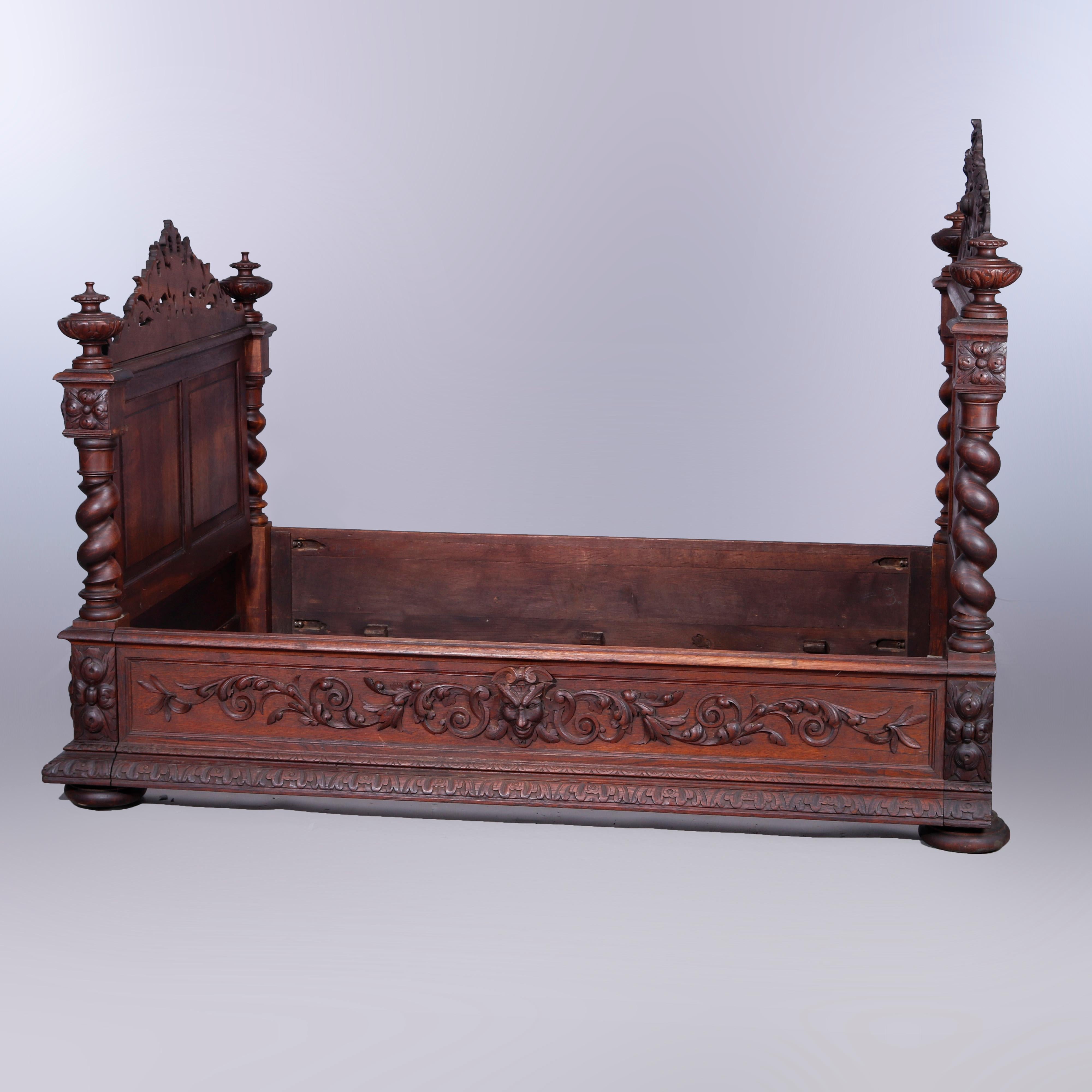 English Antique Elizabethan Figural Carved Oak Double Bed Frame with Griffons, c1850