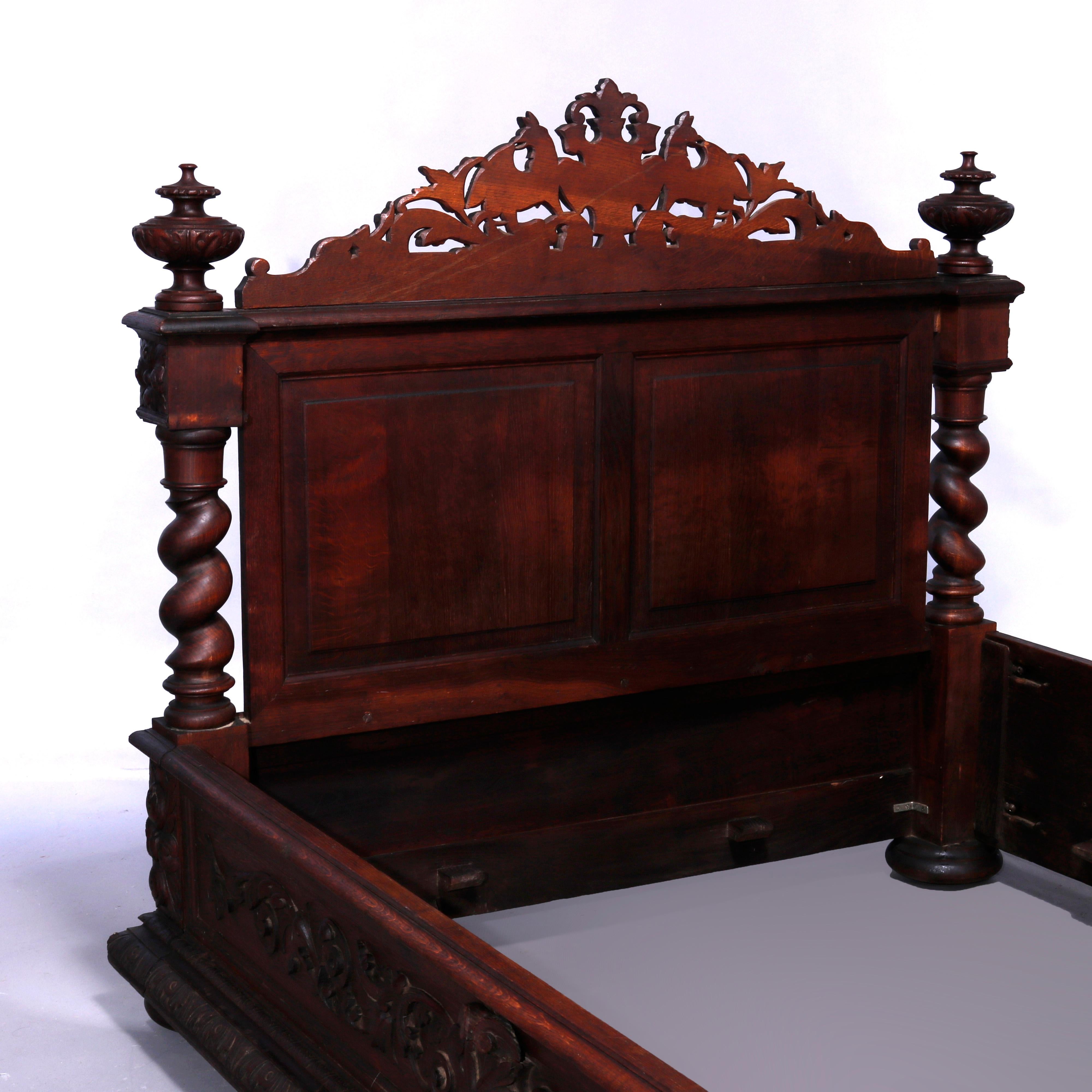 Antique Elizabethan Figural Carved Oak Double Bed Frame with Griffons, c1850 In Good Condition In Big Flats, NY