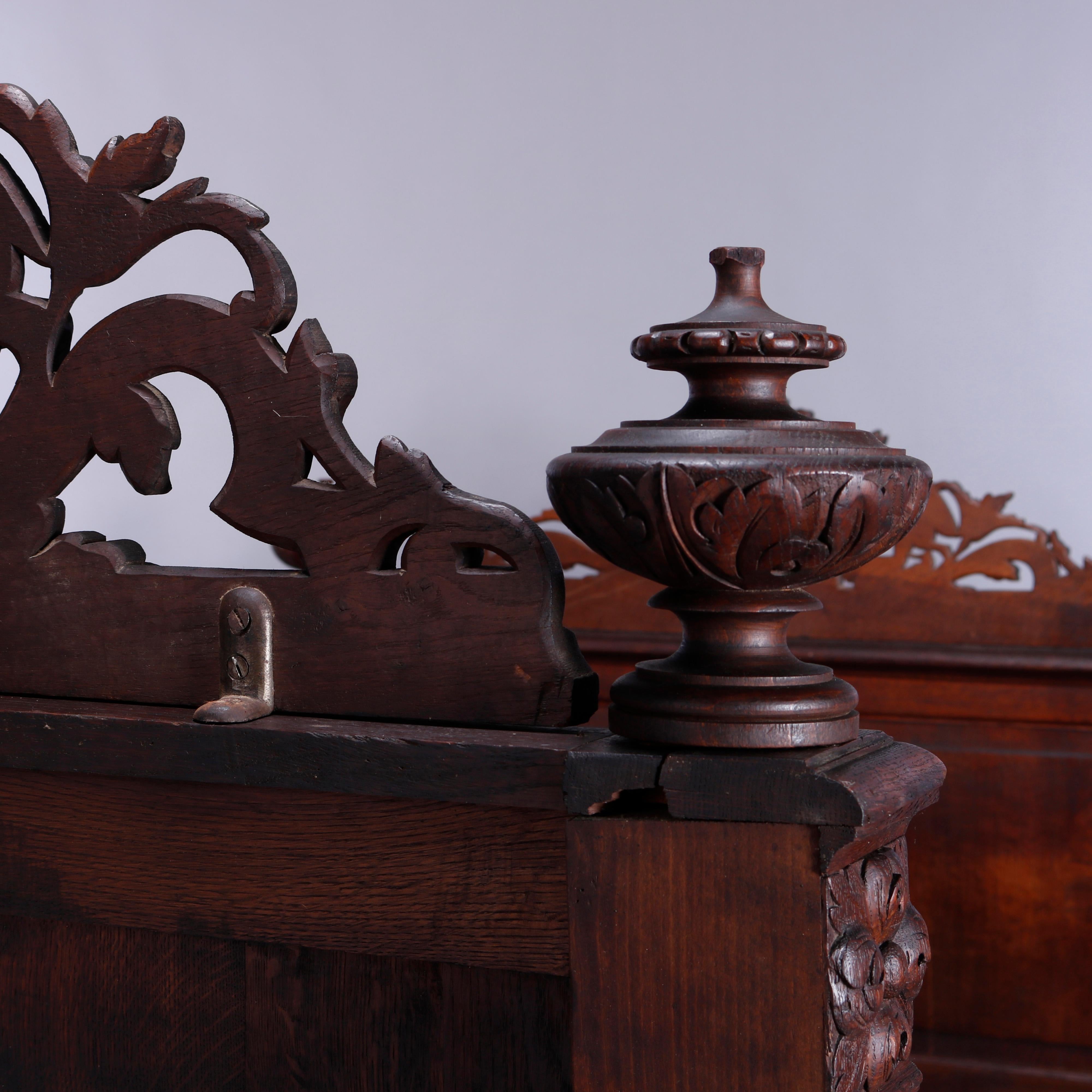 19th Century Antique Elizabethan Figural Carved Oak Double Bed Frame with Griffons, c1850