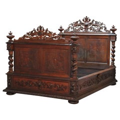 Antique Elizabethan Figural Carved Oak Double Bed Frame with Griffons, c1850