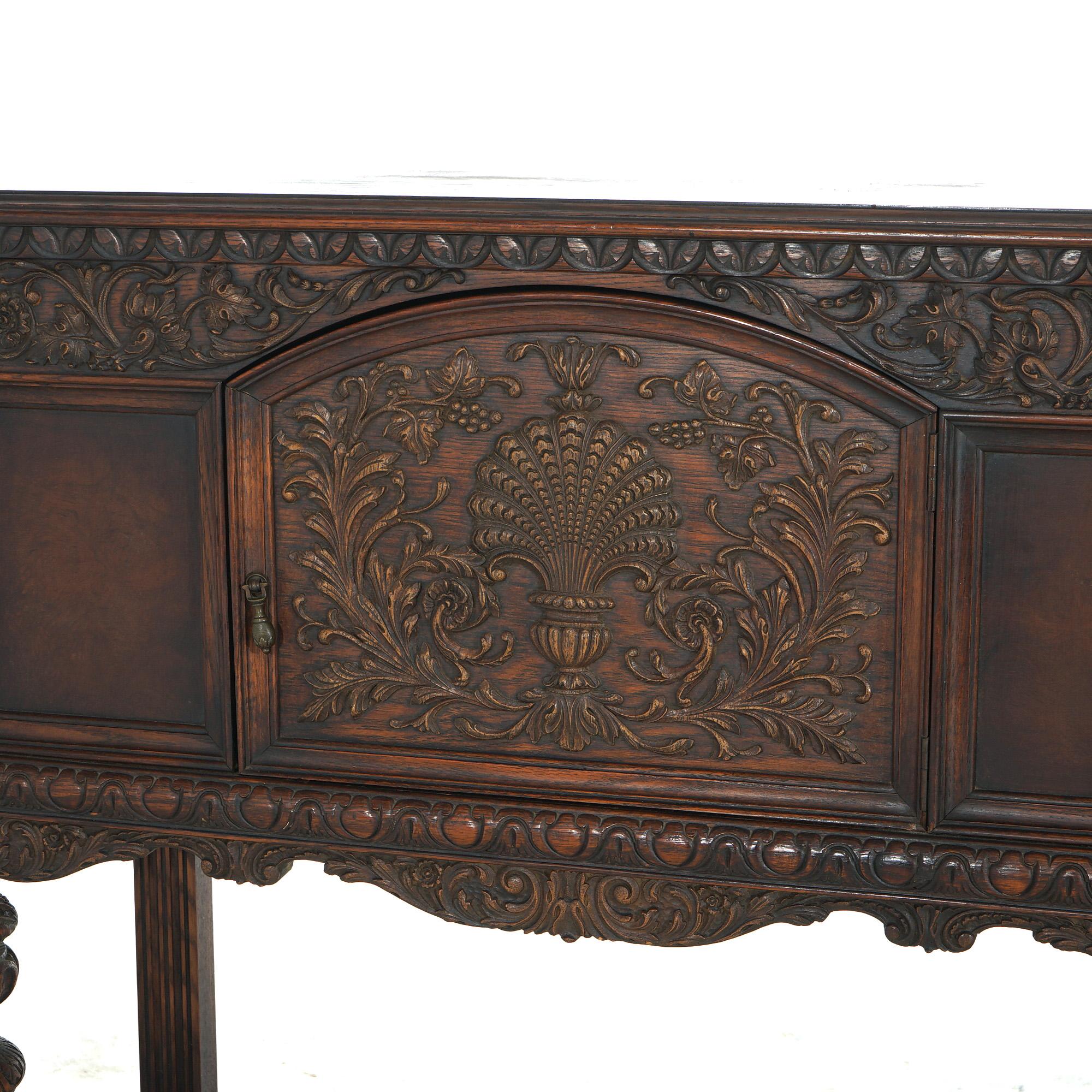 Antique Elizabethan into Jacobean Foliate & Palmette Carved Oak Sideboard C1900 In Good Condition For Sale In Big Flats, NY