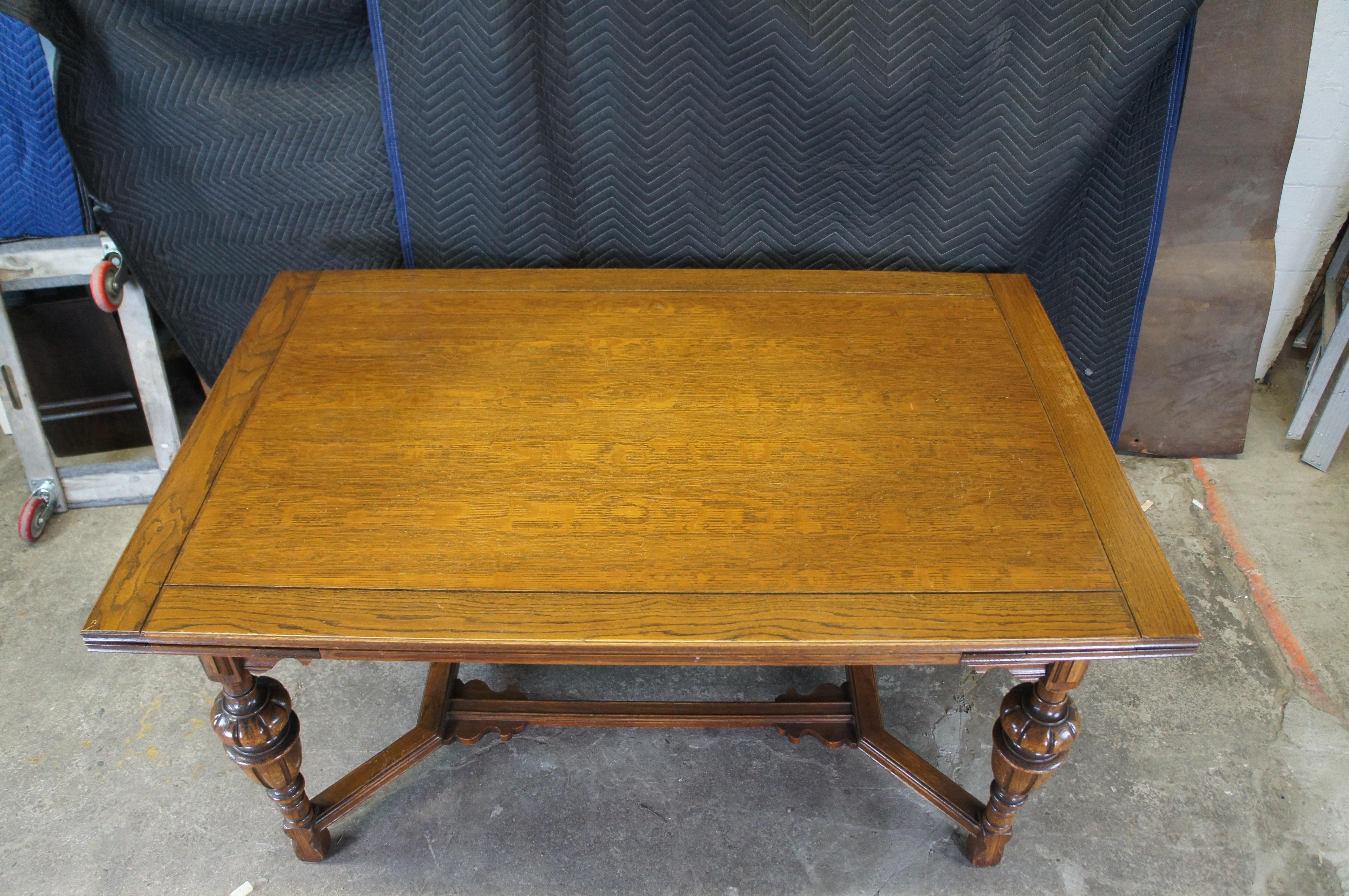 20th Century Antique Elizabethan Jacobean Carved Oak Draw Leaf Refectory Dining Table