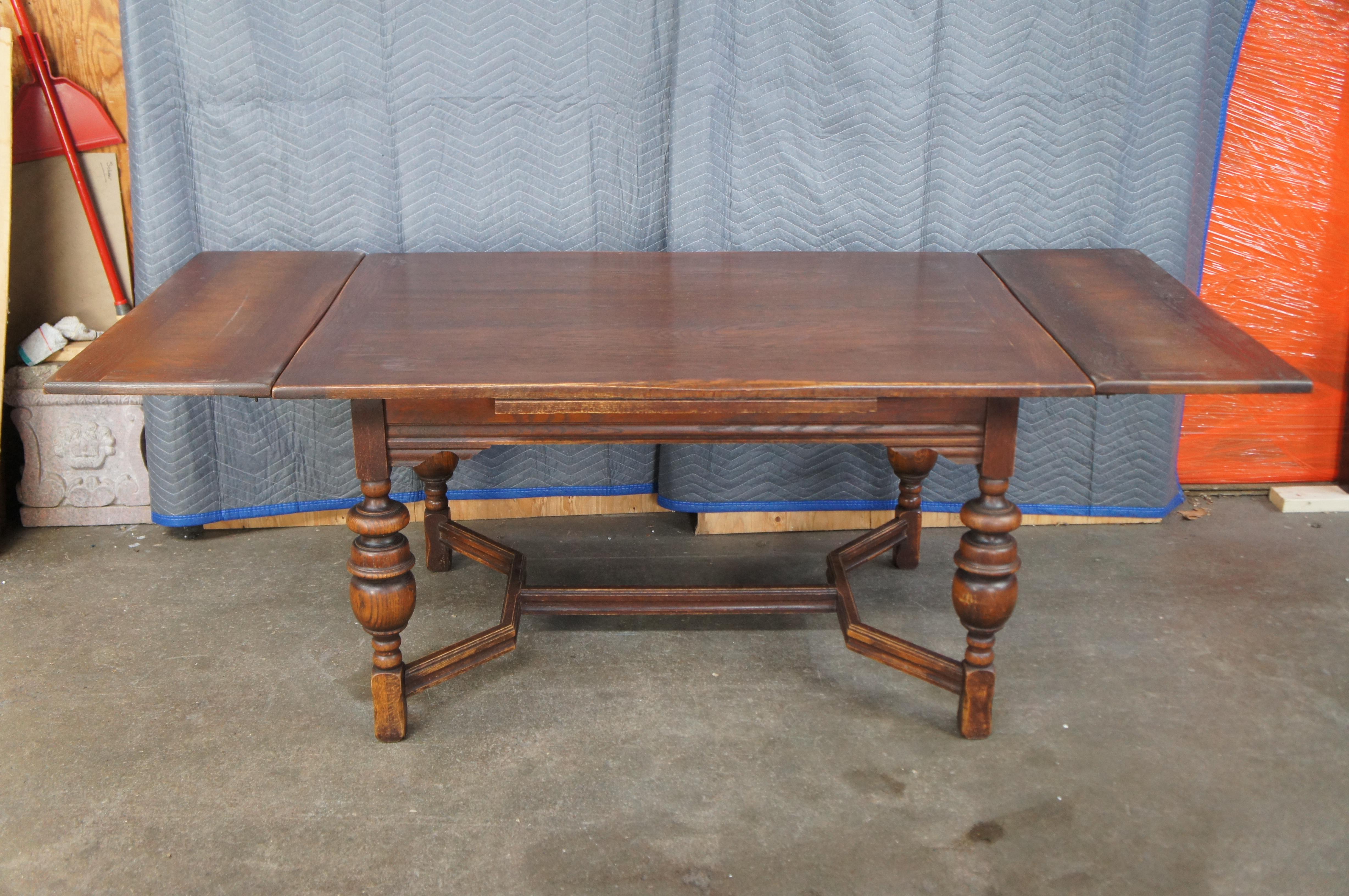 Hand-Carved Antique Elizabethan Jacobean Revival Oak Draw Leaf Refectory Dining Table 86