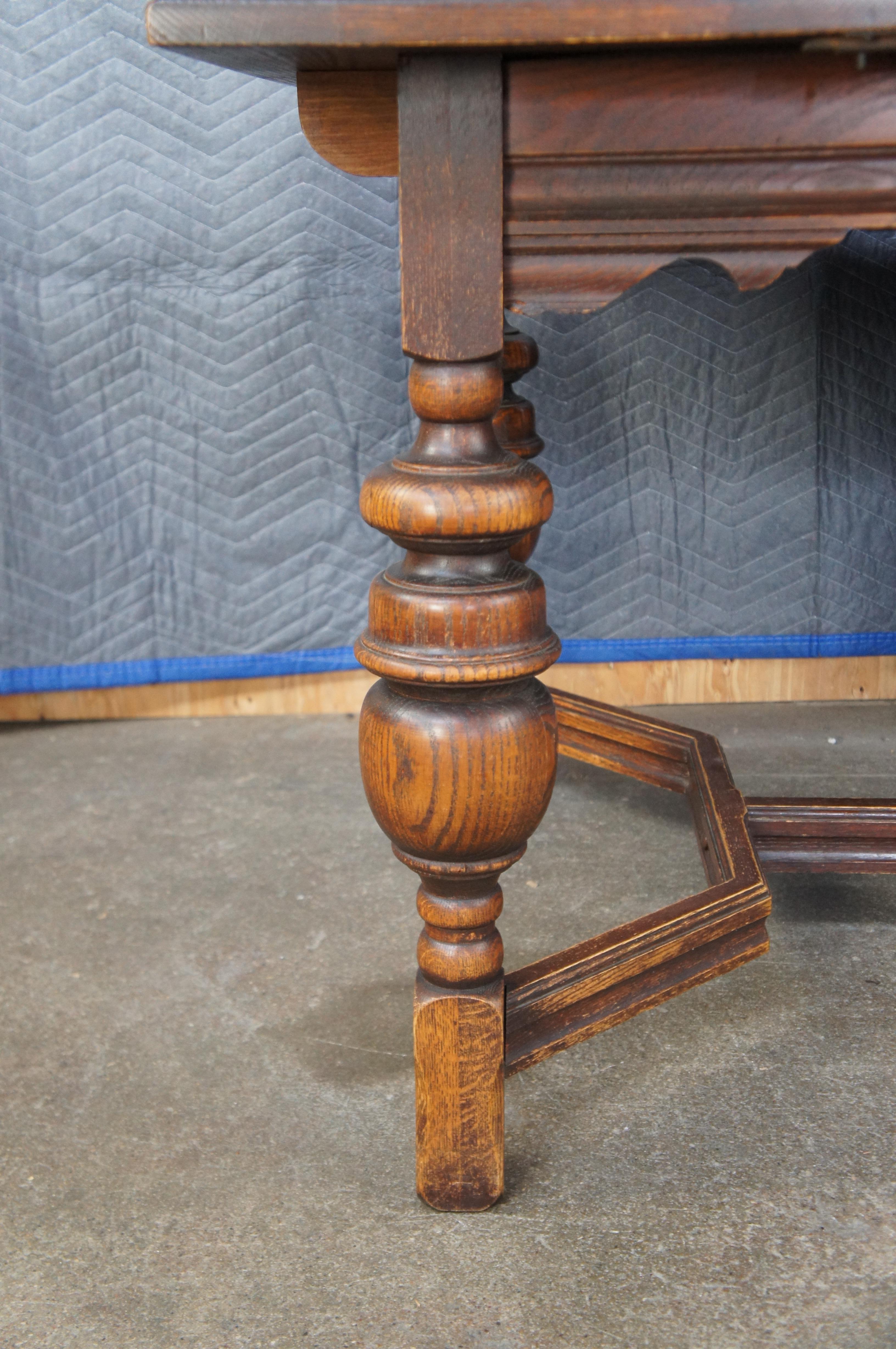 20th Century Antique Elizabethan Jacobean Revival Oak Draw Leaf Refectory Dining Table 86
