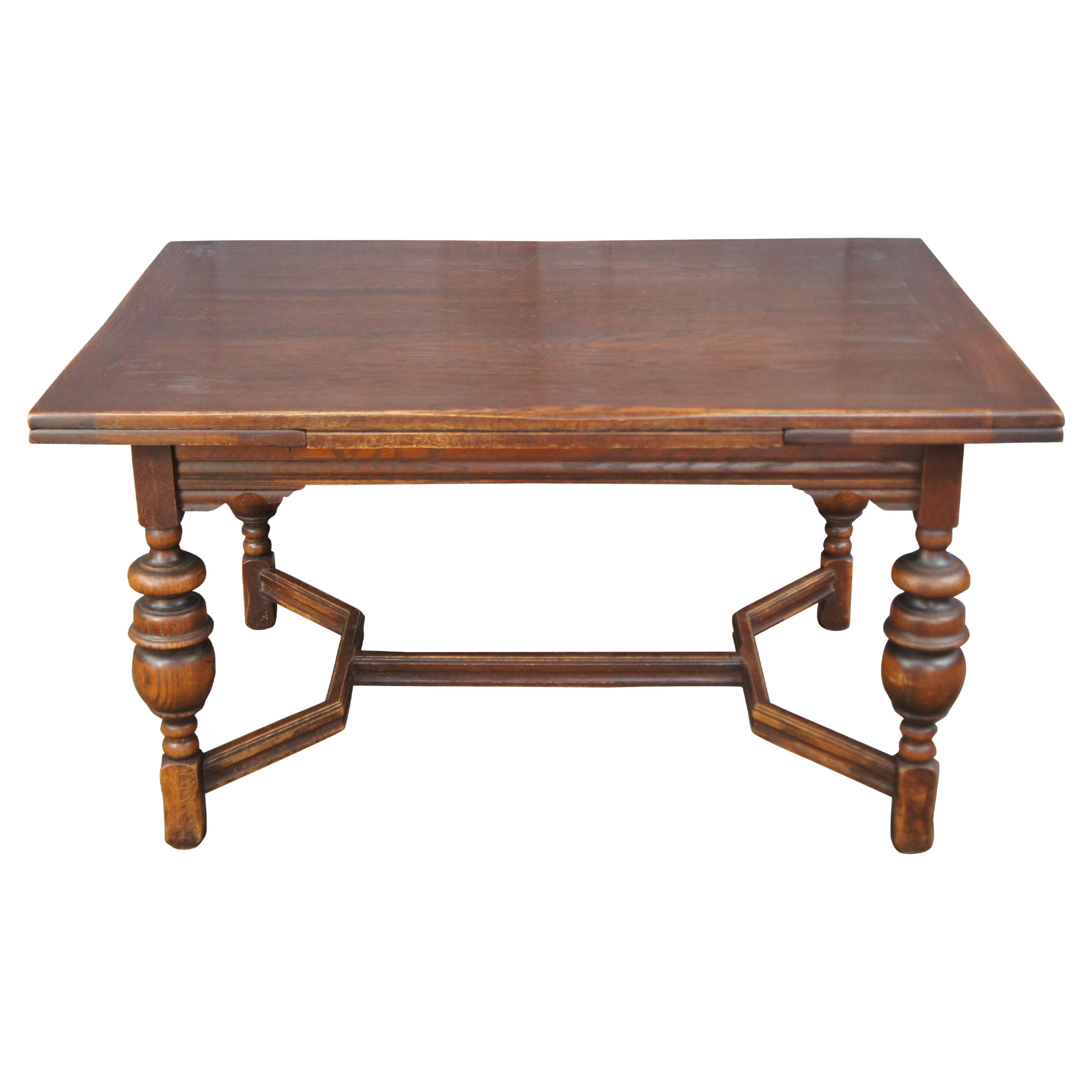 Antique Elizabethan Jacobean Revival Oak Draw Leaf Refectory Dining Table 86" For Sale