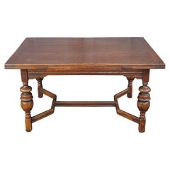 Antique Elizabethan Jacobean Revival Oak Draw Leaf Refectory Dining Table 86"