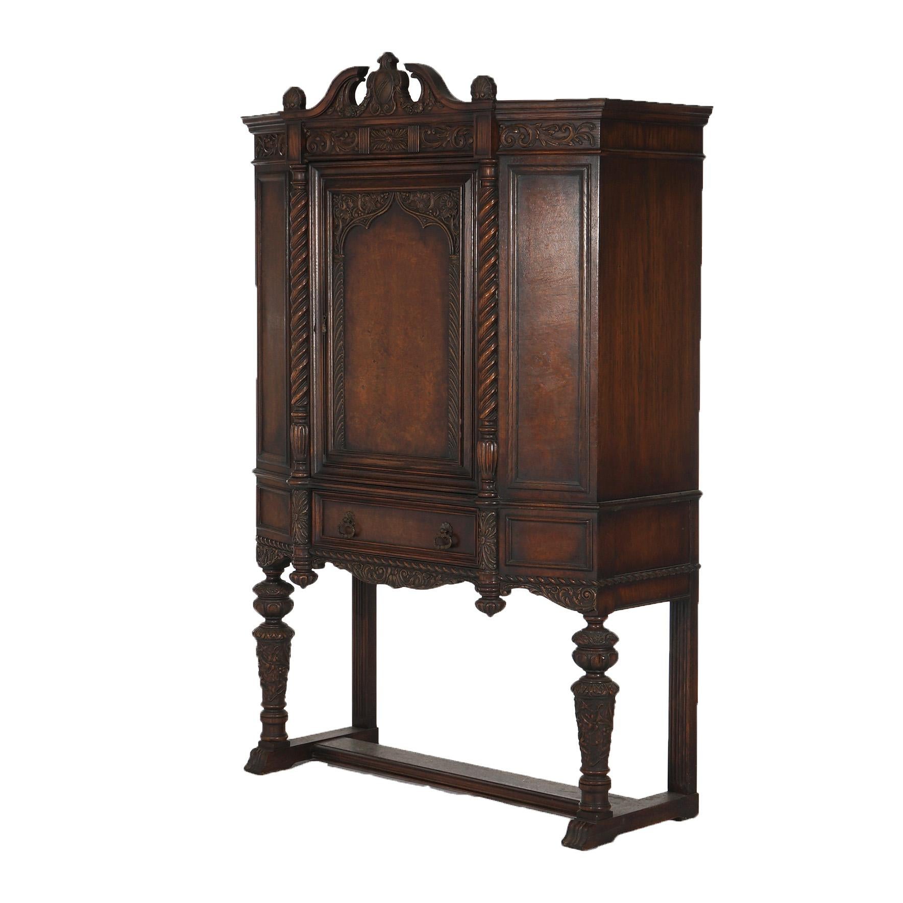 Antique Elizabethan Jacobean Style Carved Oak Blind Door Credenza C1900 For Sale 7