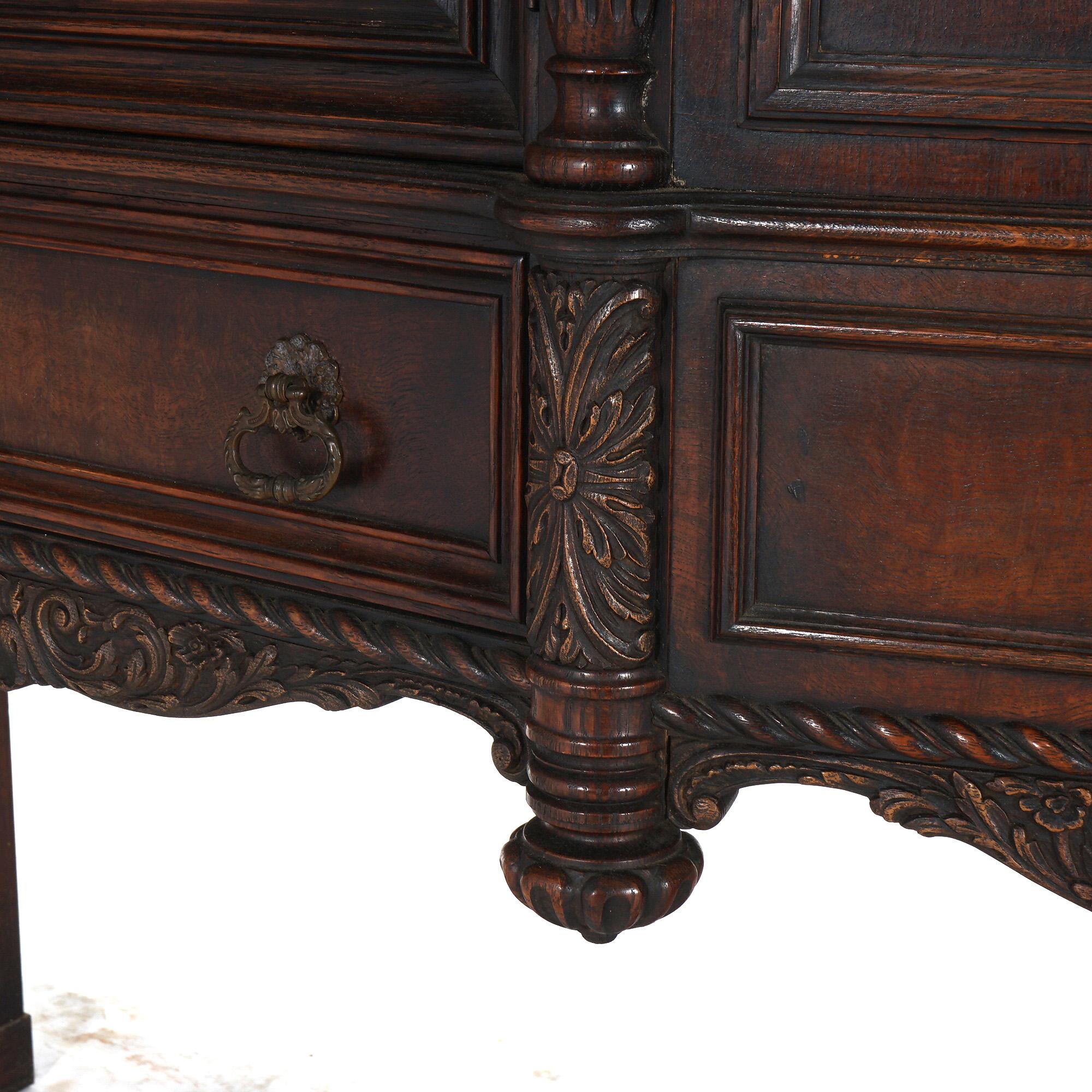 Antique Elizabethan Jacobean Style Carved Oak Blind Door Credenza C1900 For Sale 14