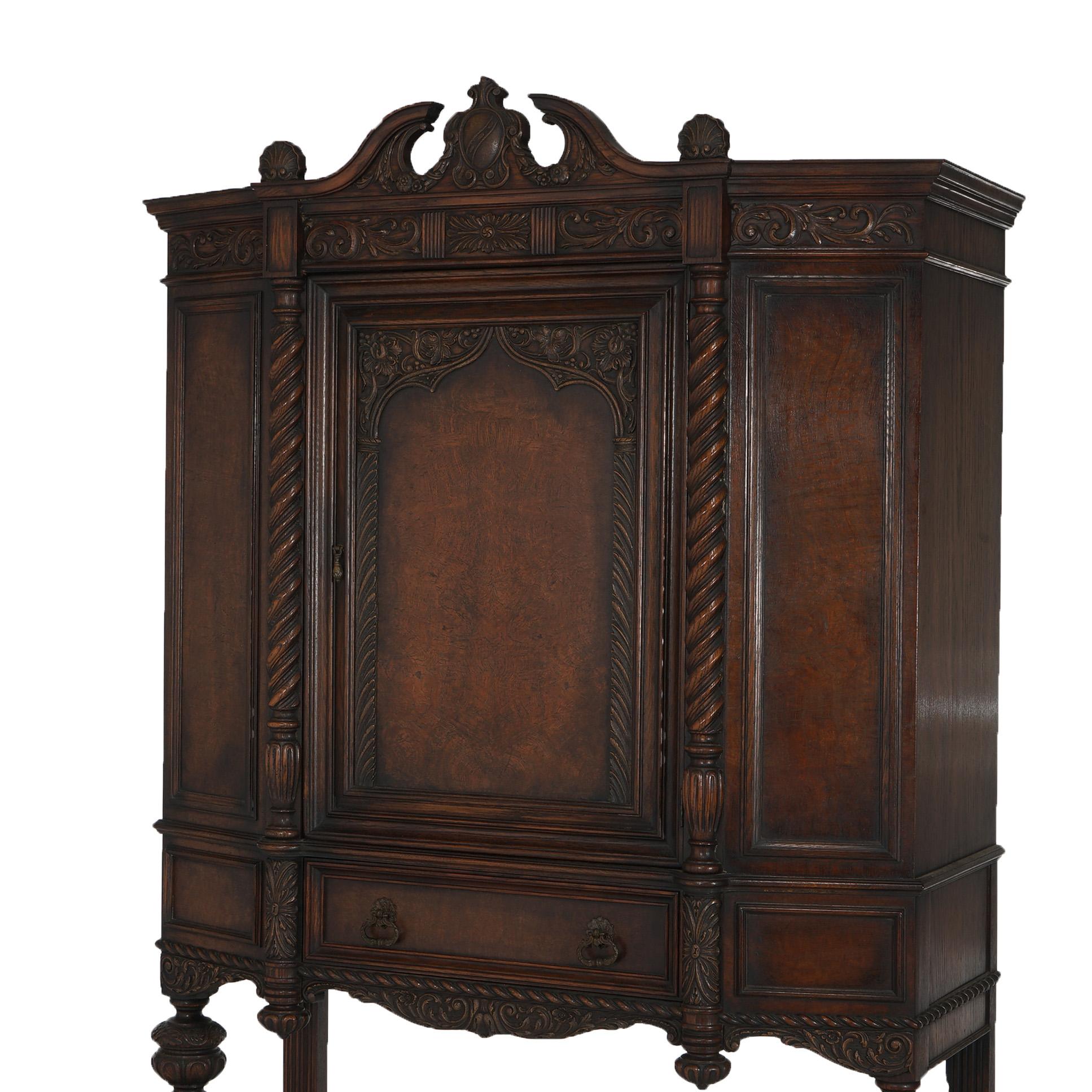 20th Century Antique Elizabethan Jacobean Style Carved Oak Blind Door Credenza C1900 For Sale