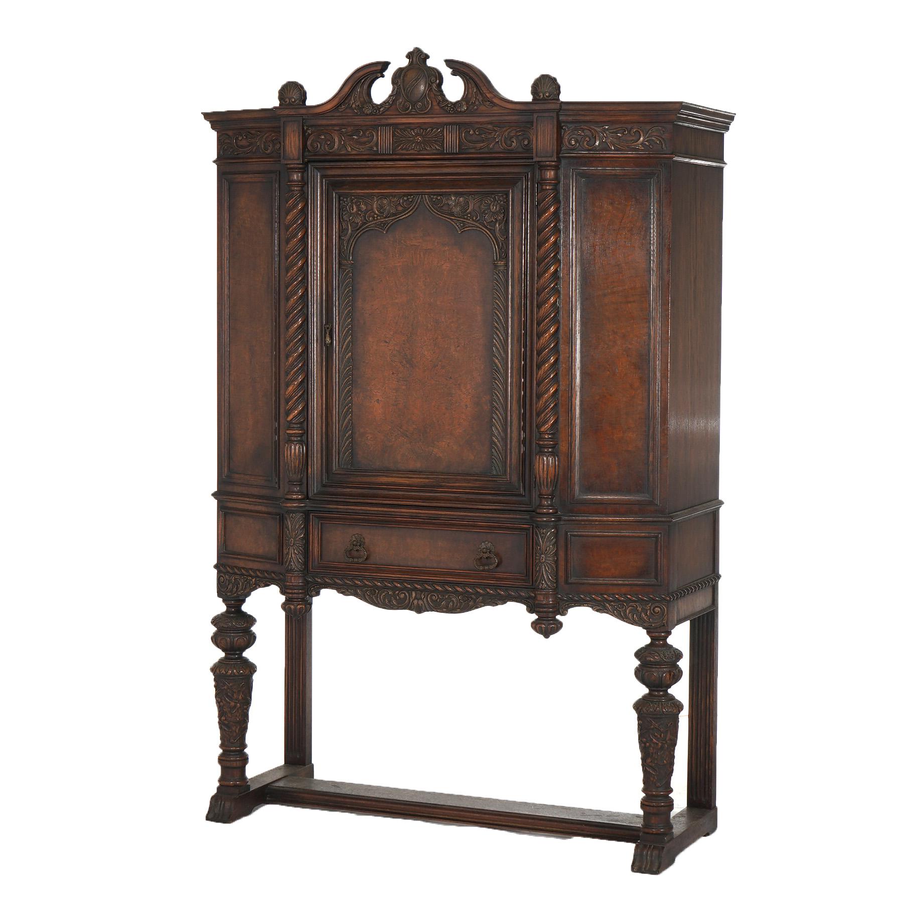 Antique Elizabethan Jacobean Style Carved Oak Blind Door Credenza C1900 For Sale 1