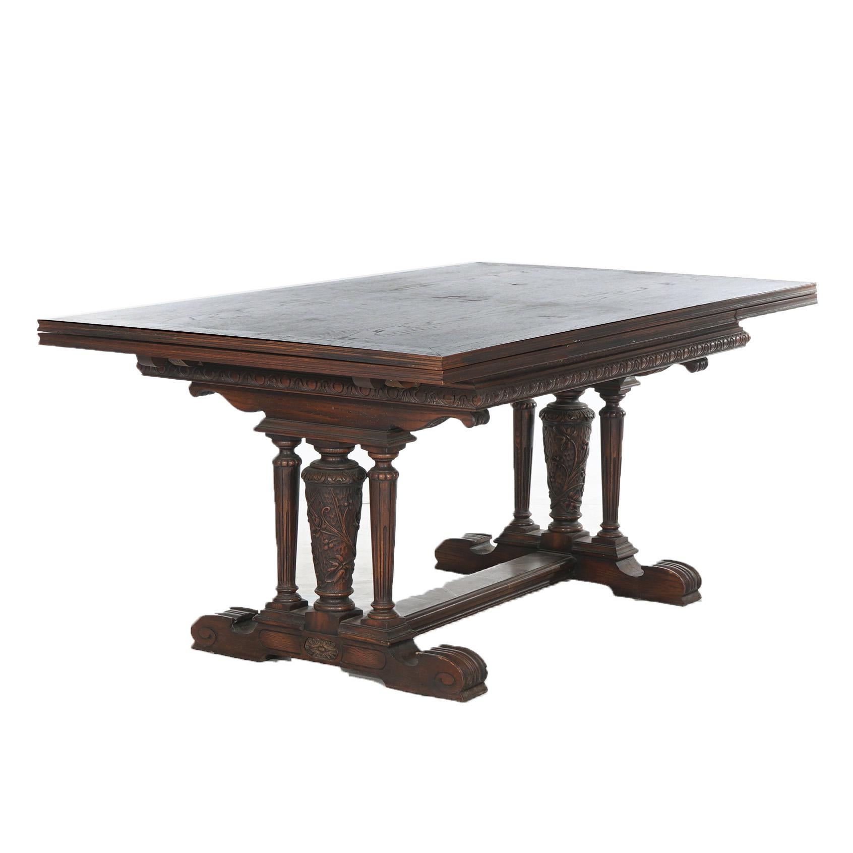 Antique Elizabethan Jacobean Style Carved Oak Draw-Top Trestle Table C1900 For Sale 6