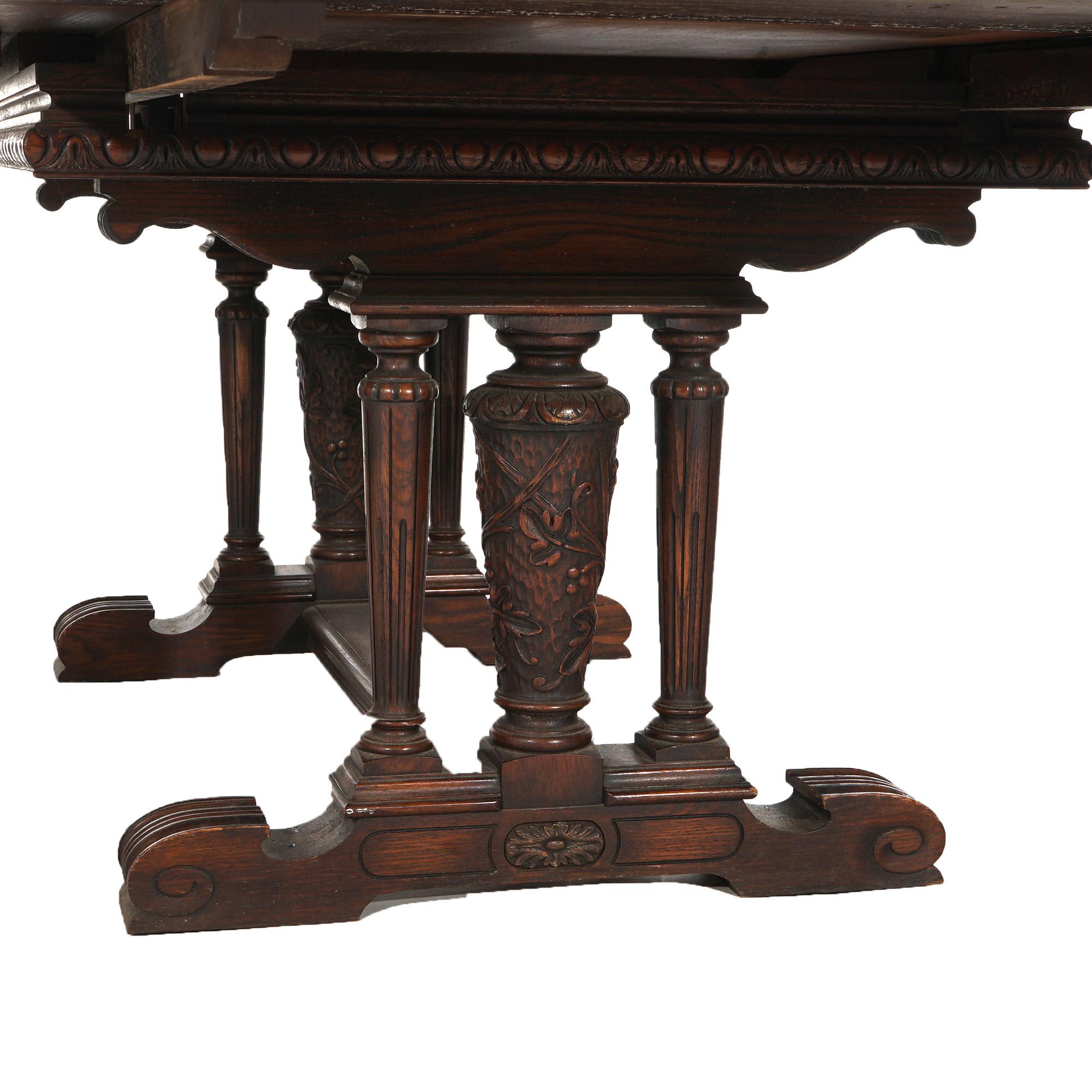 ***Ask About Reduced In-House Delivery Rates - Reliable Professional Service & Fully Insured***
Antique Elizabethan Jacobean Style Carved Oak Draw-Top Trestle Table with Foliate Carved Columns C1900

Measures - 30
