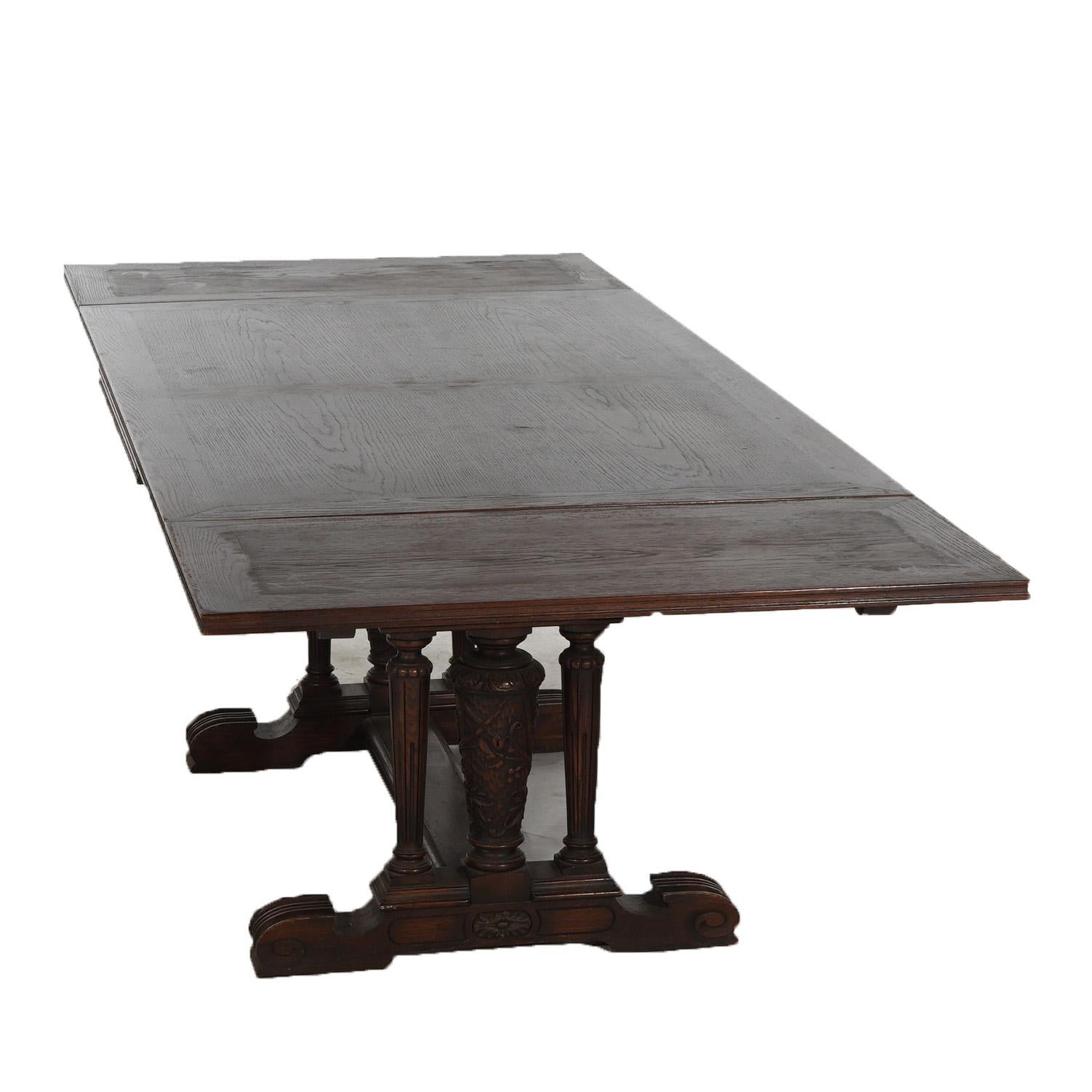 Antique Elizabethan Jacobean Style Carved Oak Draw-Top Trestle Table C1900 In Good Condition For Sale In Big Flats, NY