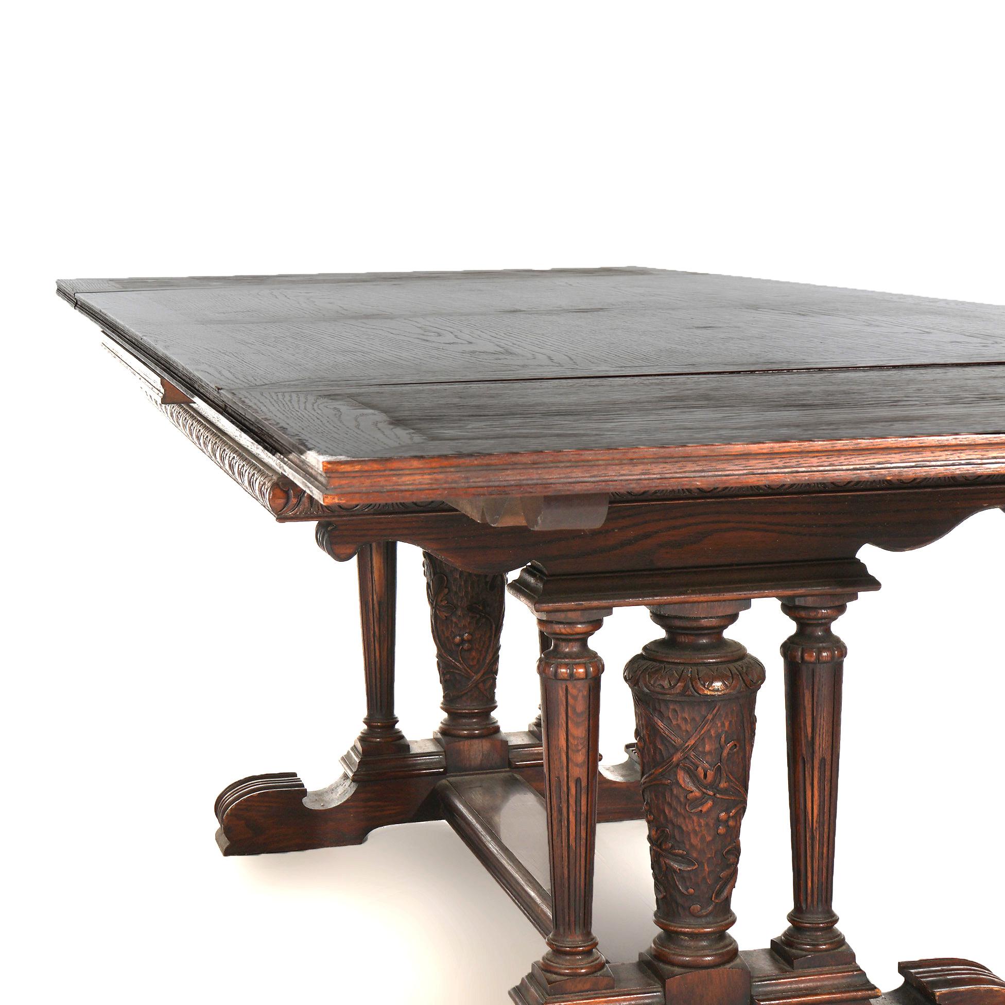 Antique Elizabethan Jacobean Style Carved Oak Draw-Top Trestle Table C1900 For Sale 1