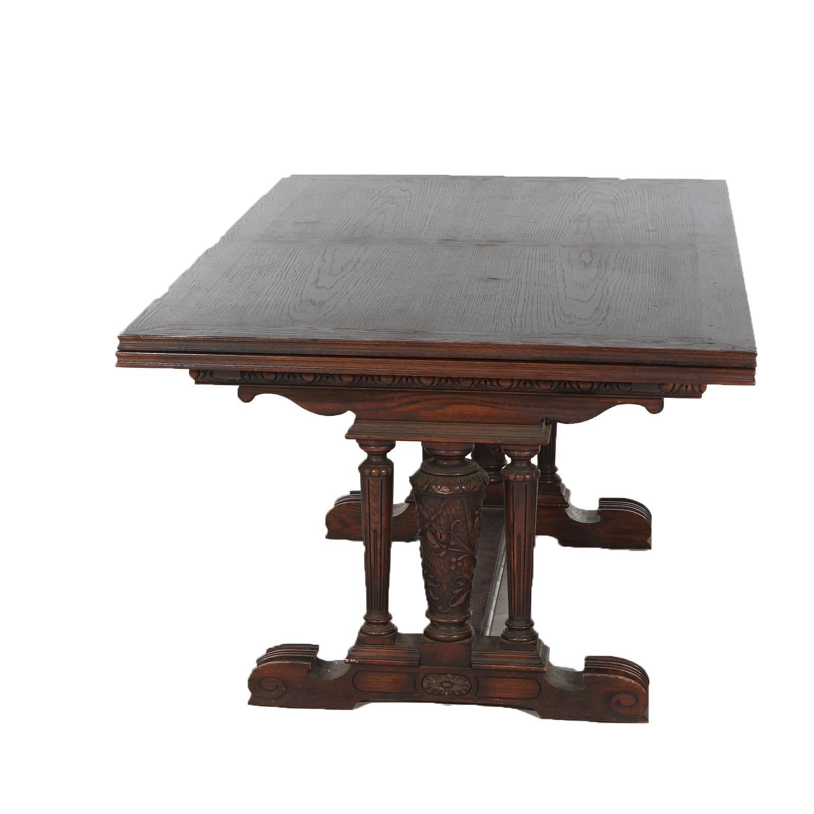 Antique Elizabethan Jacobean Style Carved Oak Draw-Top Trestle Table C1900 For Sale 2