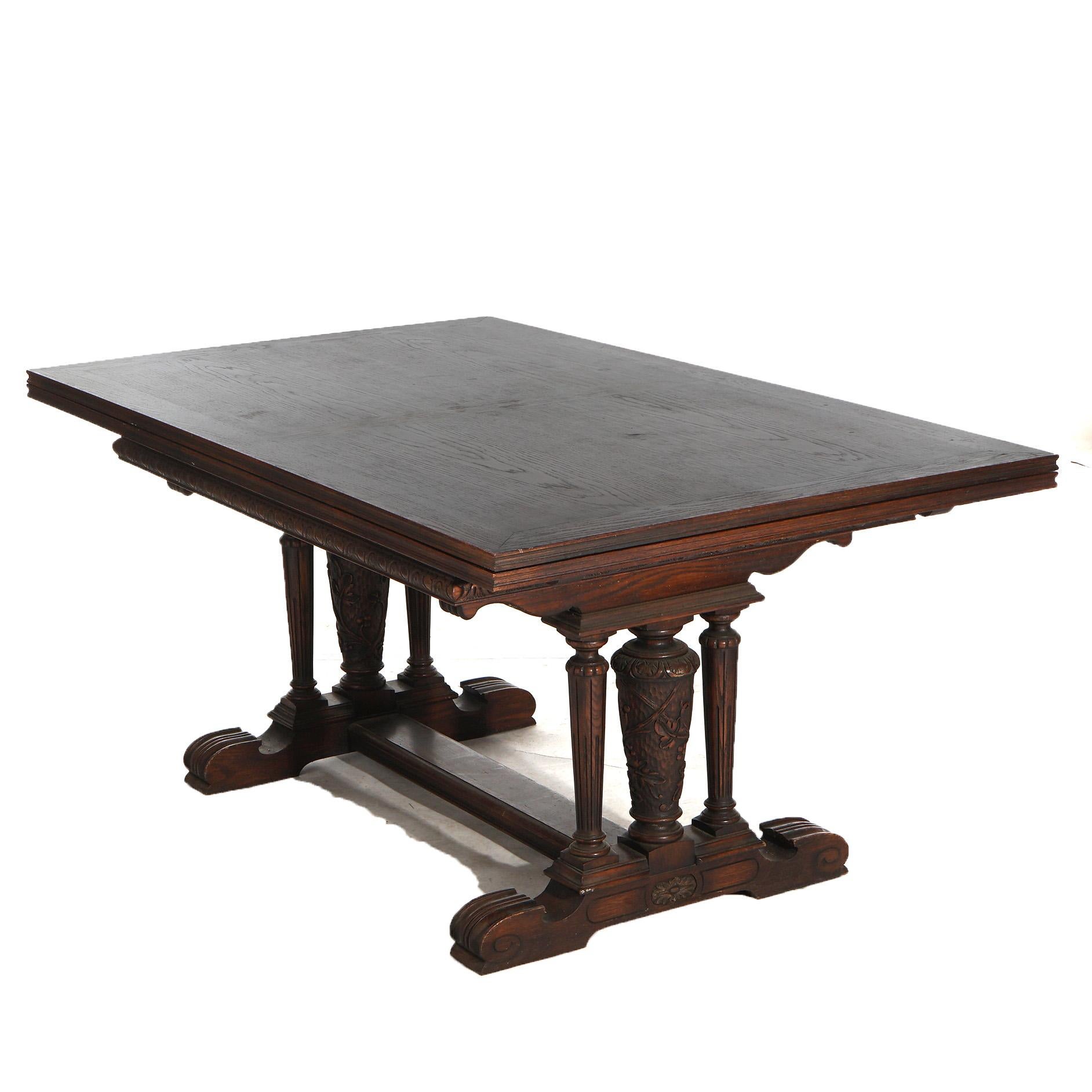 Antique Elizabethan Jacobean Style Carved Oak Draw-Top Trestle Table C1900 For Sale 4