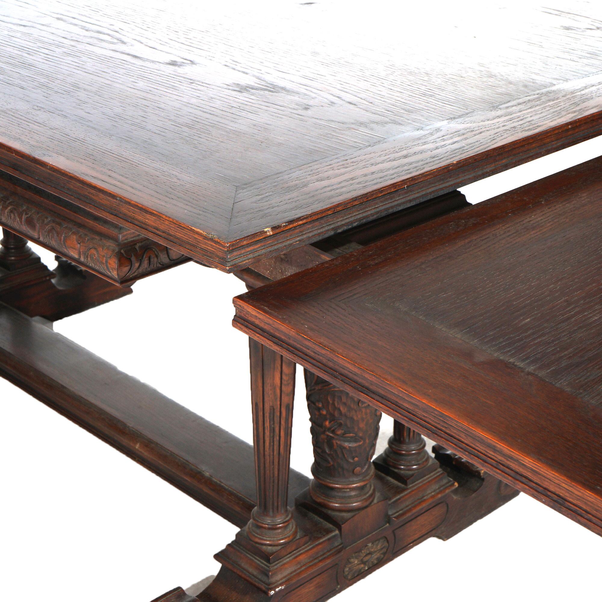 Antique Elizabethan Jacobean Style Carved Oak Draw-Top Trestle Table C1900 For Sale 5