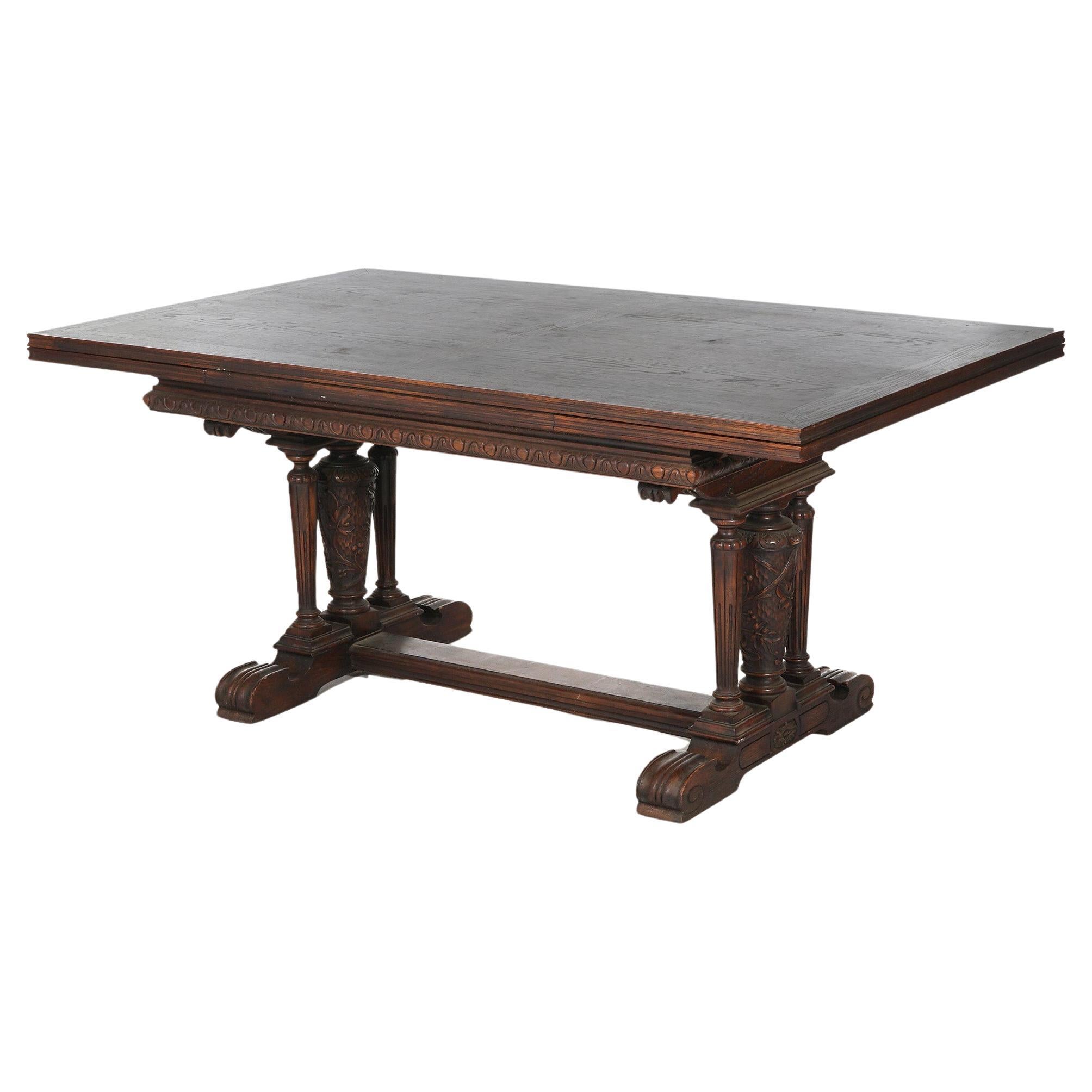 Antique Elizabethan Jacobean Style Carved Oak Draw-Top Trestle Table C1900 For Sale