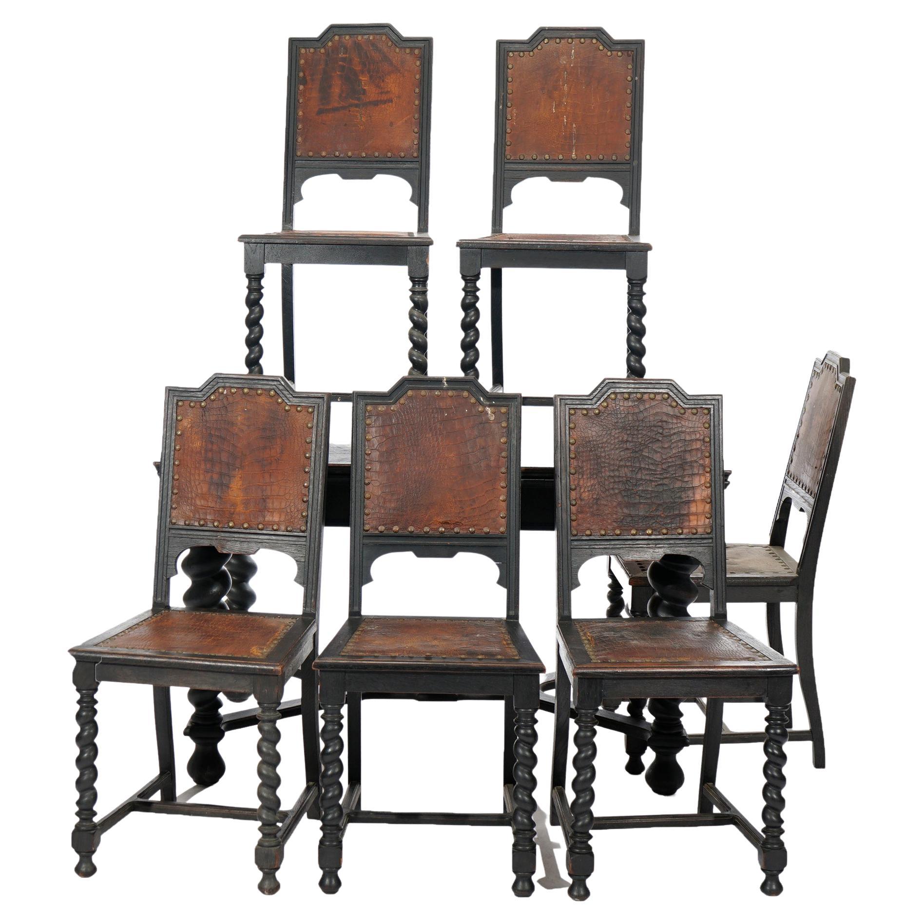 Antique Elizabethan Style Carved Oak Dining Table & Six Cane Seat Chairs c1900