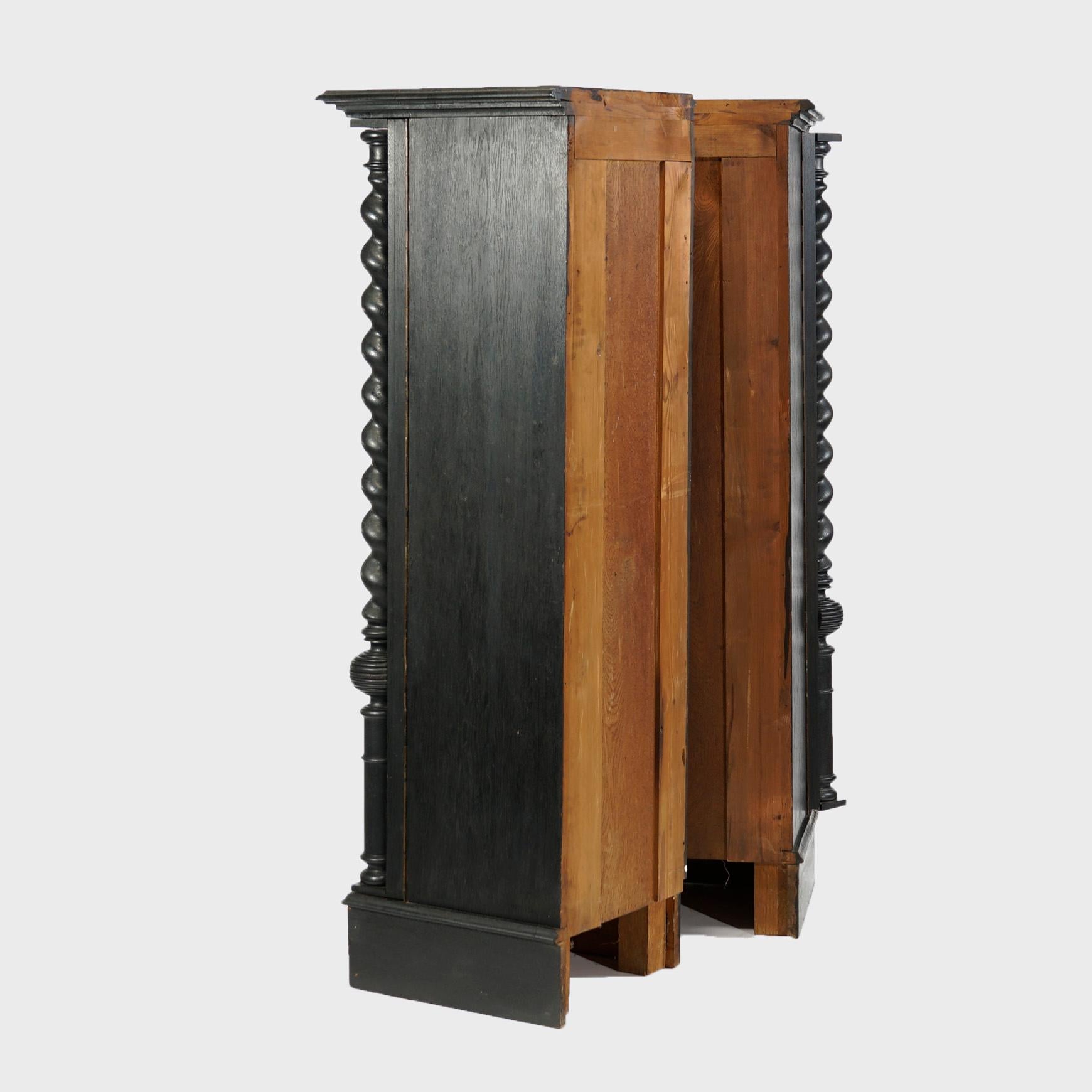 Antique Elizabethan Style English Oak Leaded Glass Tall Bookcase Cabinets, c1900 In Good Condition In Big Flats, NY