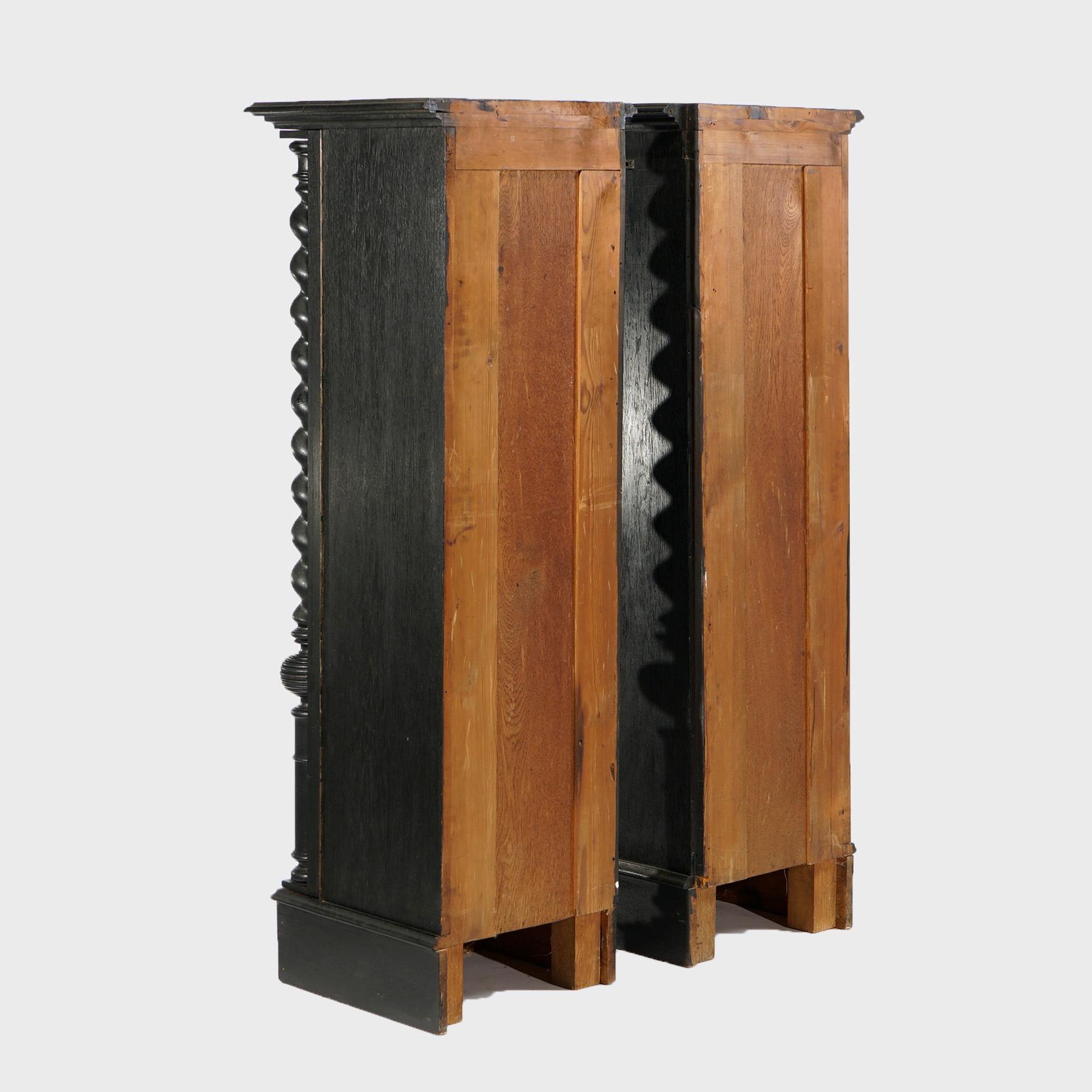 20th Century Antique Elizabethan Style English Oak Leaded Glass Tall Bookcase Cabinets, c1900