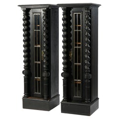Antique Elizabethan Style English Oak Leaded Glass Tall Bookcase Cabinets, c1900