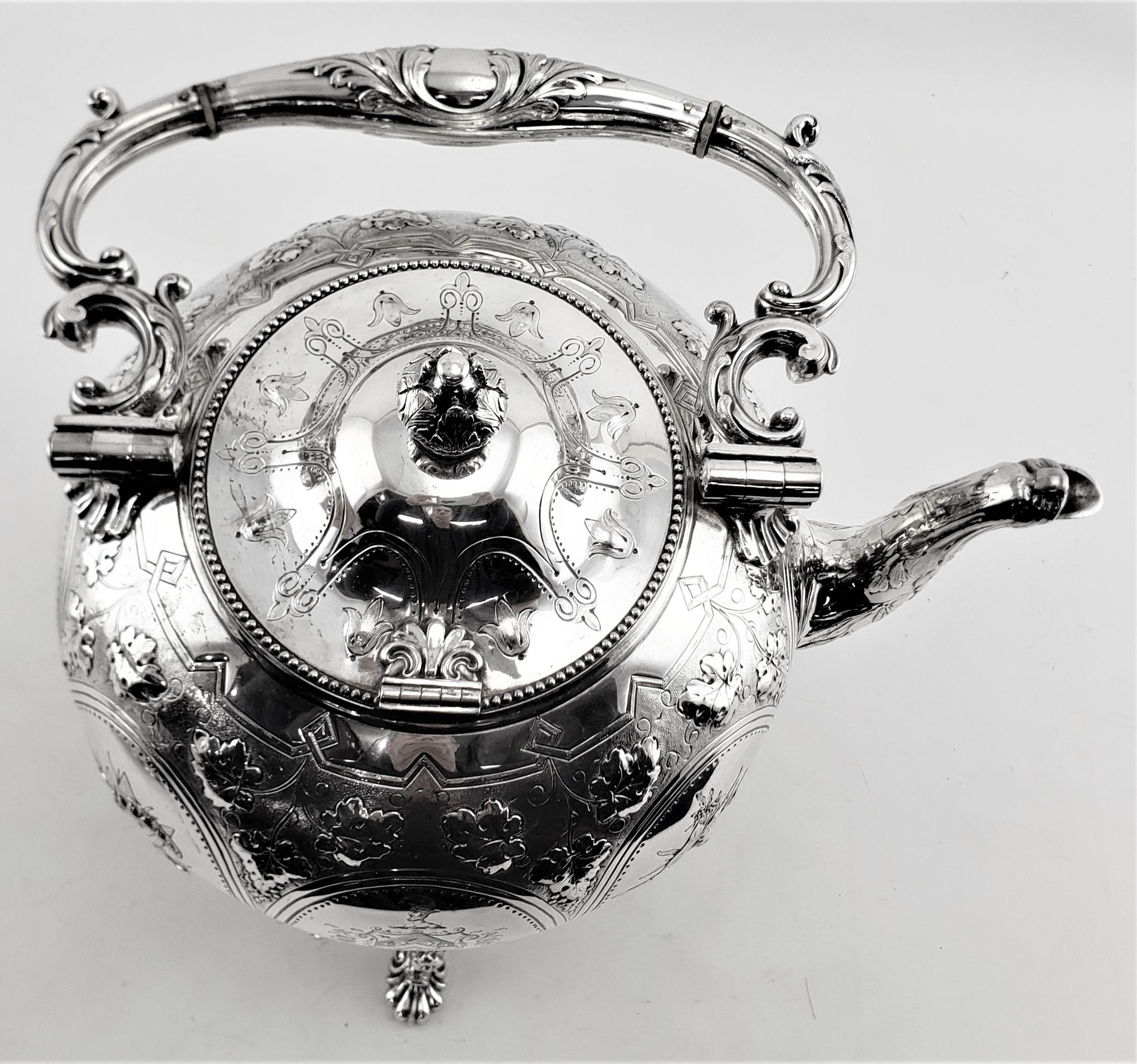 19th Century Antique Elkington & Co. Silver Plated Spirit Kettle with Floral Decoration For Sale