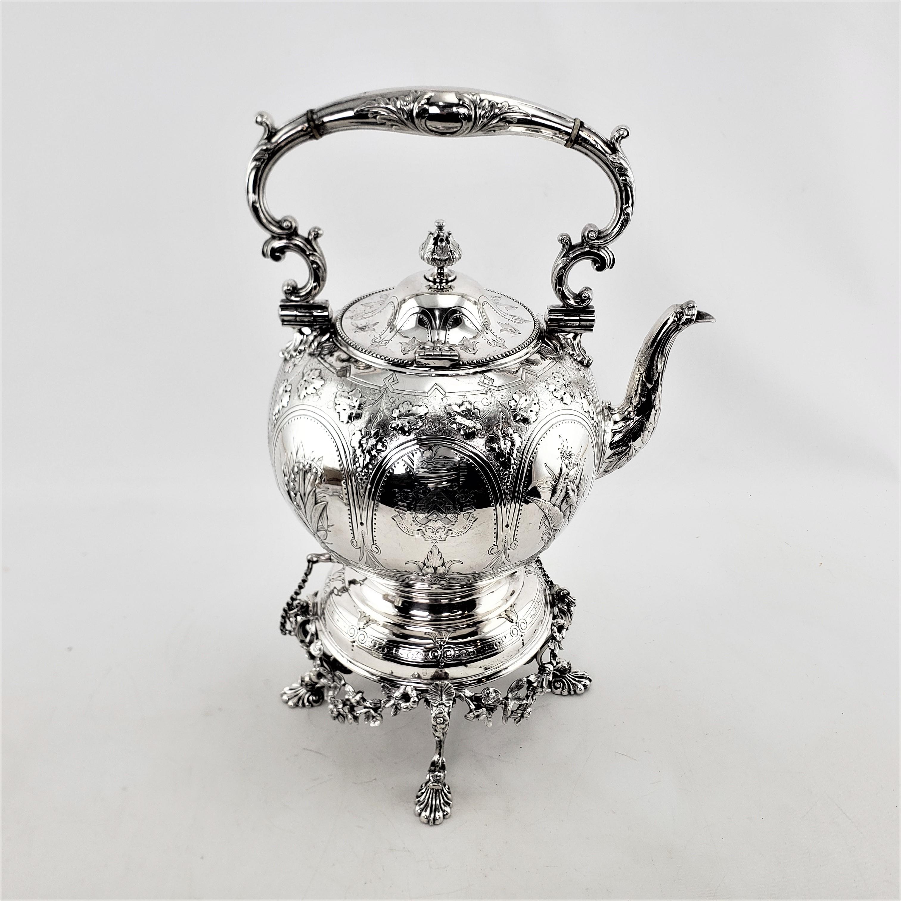 English Antique Elkington & Co. Silver Plated Spirit Kettle with Floral Decoration For Sale
