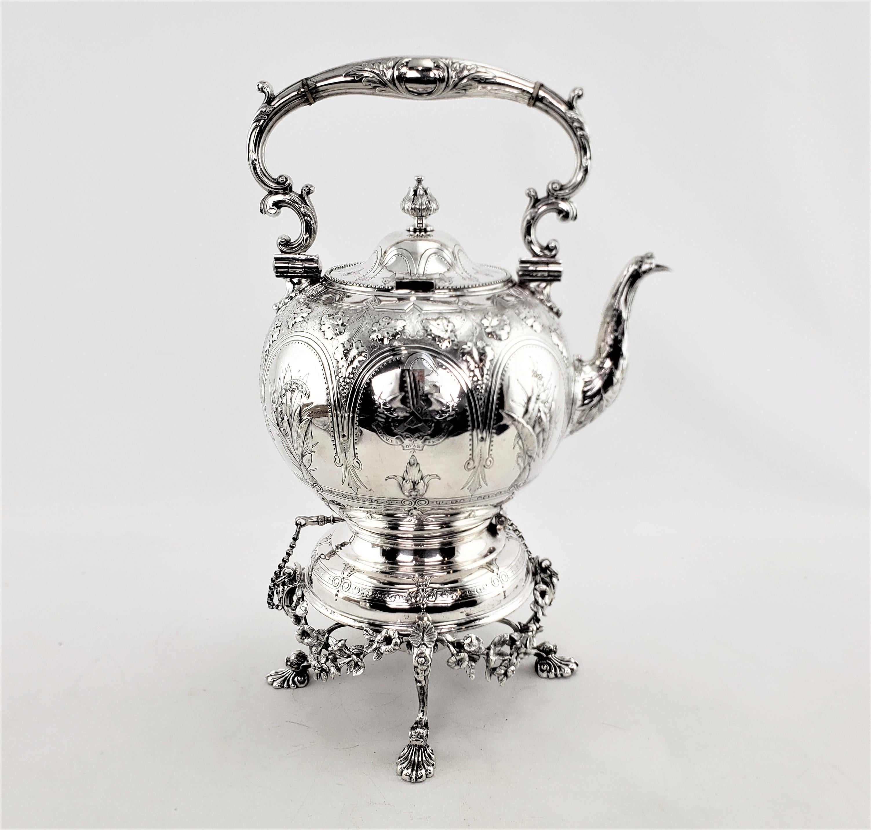 Machine-Made Antique Elkington & Co. Silver Plated Spirit Kettle with Floral Decoration For Sale