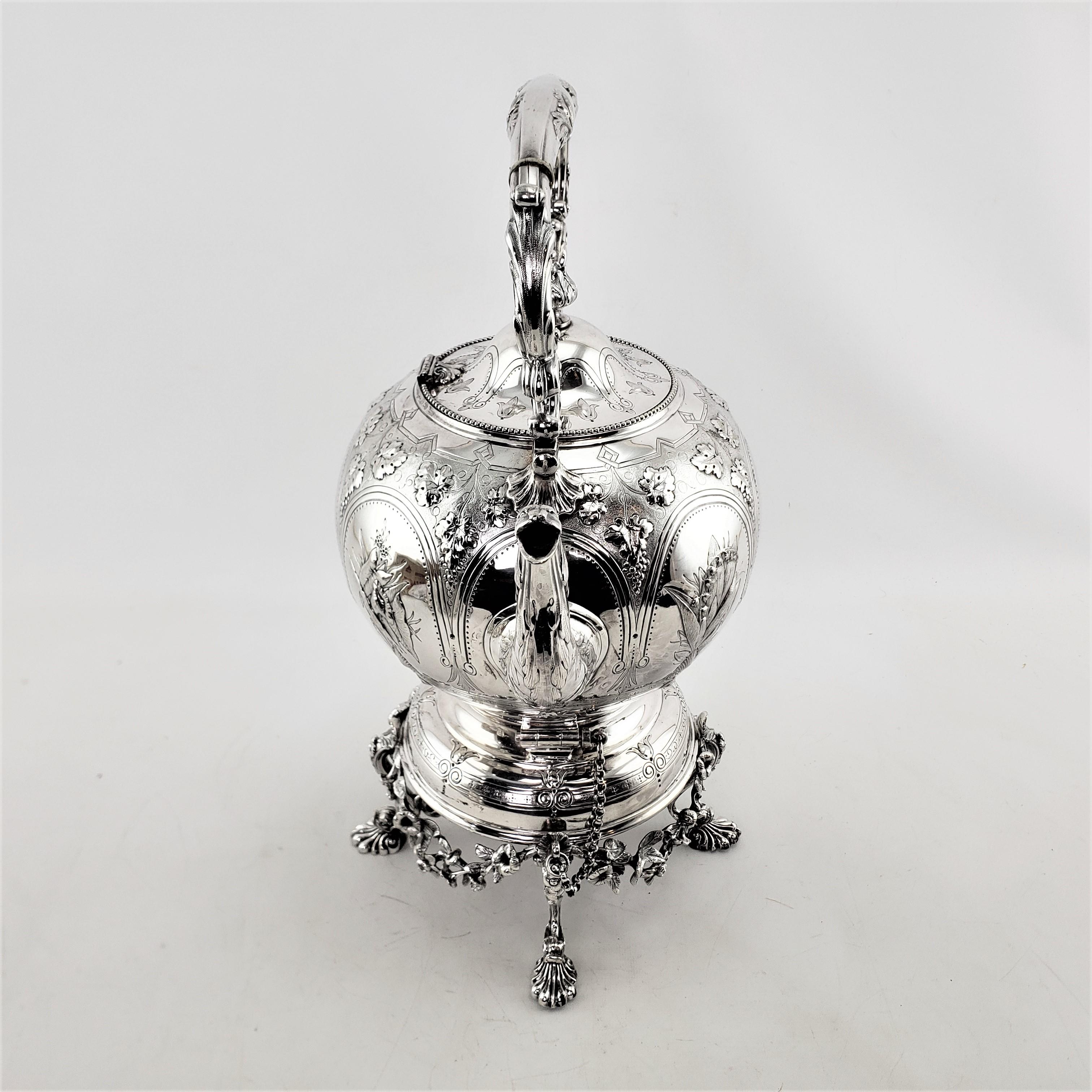 Antique Elkington & Co. Silver Plated Spirit Kettle with Floral Decoration In Good Condition For Sale In Hamilton, Ontario