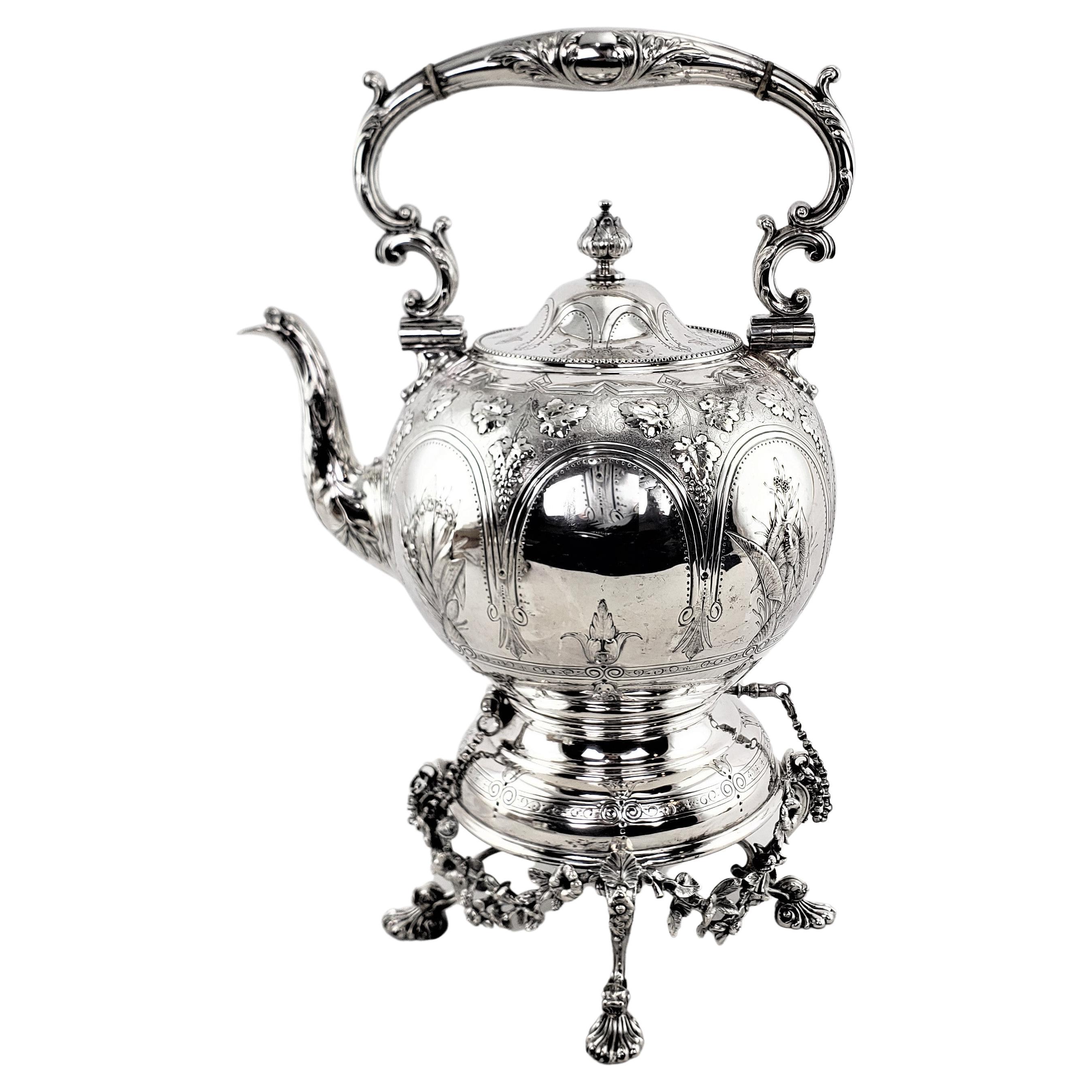 Antique Elkington & Co. Silver Plated Spirit Kettle with Floral Decoration For Sale