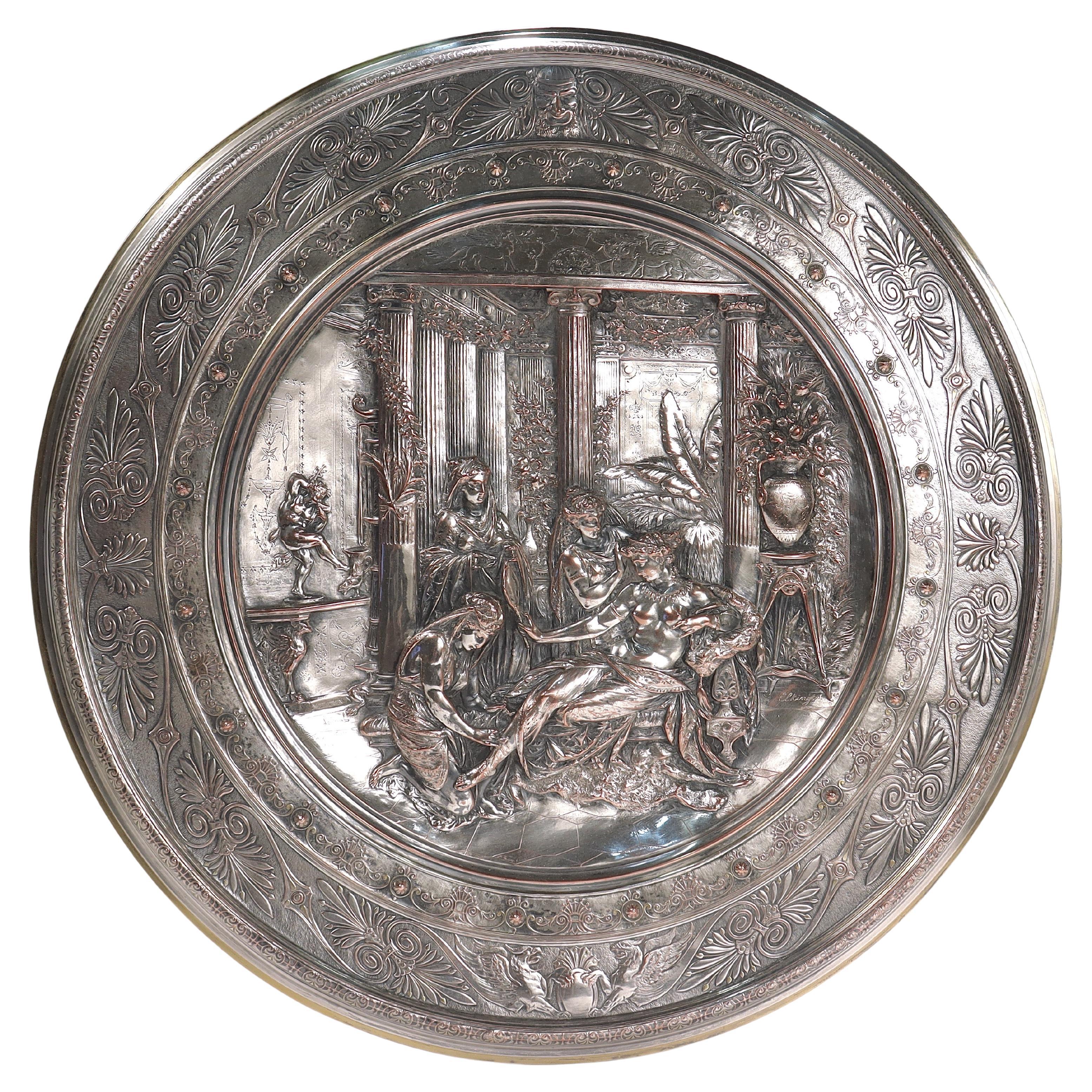 Assiette de présentation figurative ancienne en métal argenté Elkington Electrotype de Morel-Ladeuil en vente