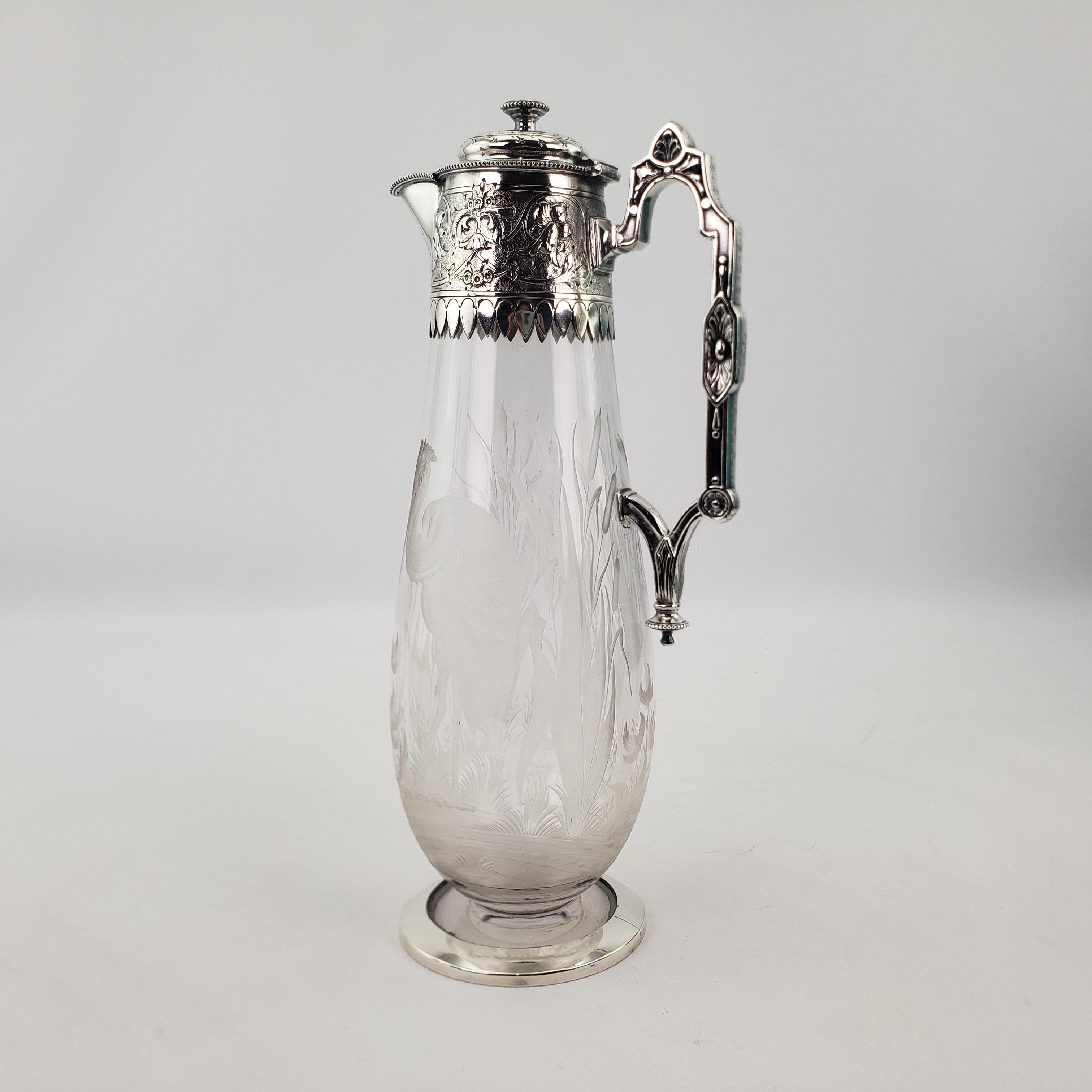 High Victorian Antique Elkington Silver Plated Claret Jug with Etched Shore Bird & Cattails For Sale