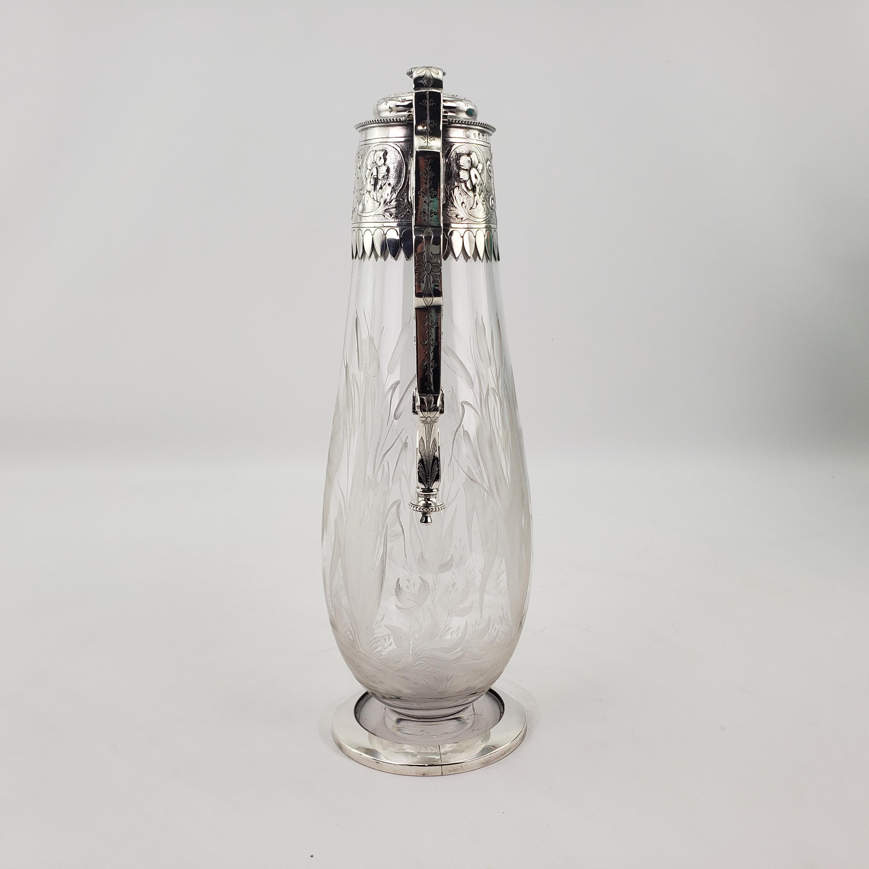 English Antique Elkington Silver Plated Claret Jug with Etched Shore Bird & Cattails For Sale