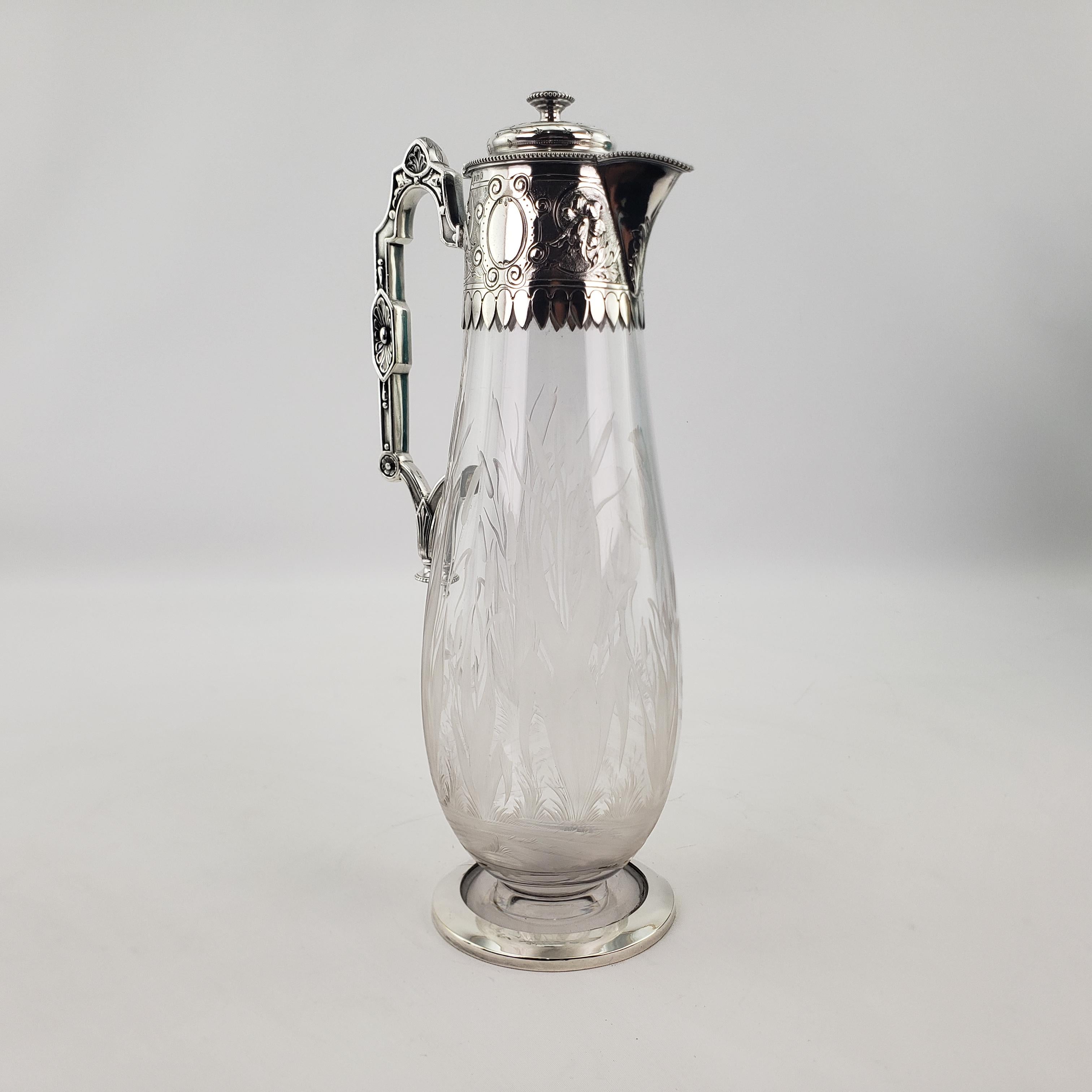 Machine-Made Antique Elkington Silver Plated Claret Jug with Etched Shore Bird & Cattails For Sale