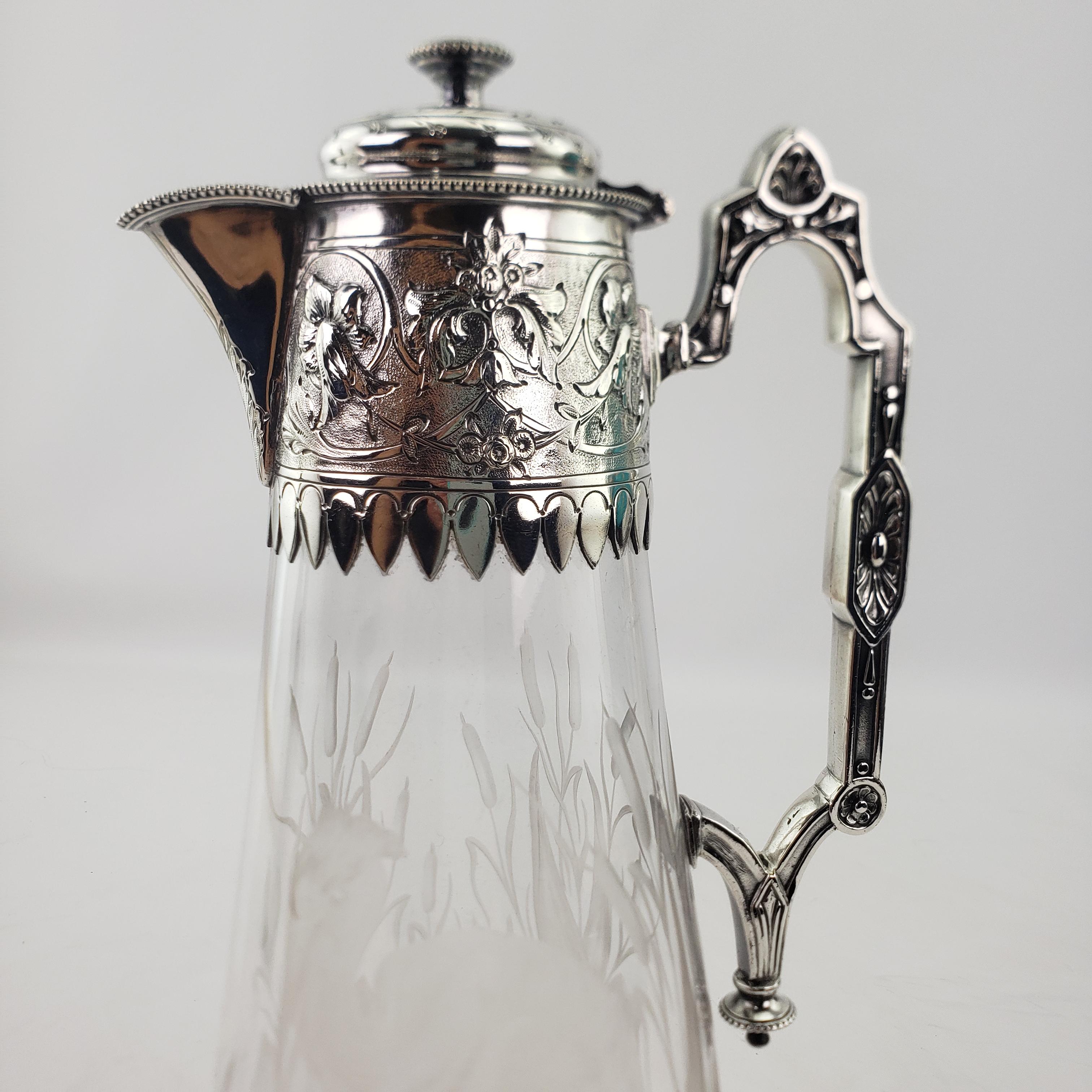 Antique Elkington Silver Plated Claret Jug with Etched Shore Bird & Cattails For Sale 1