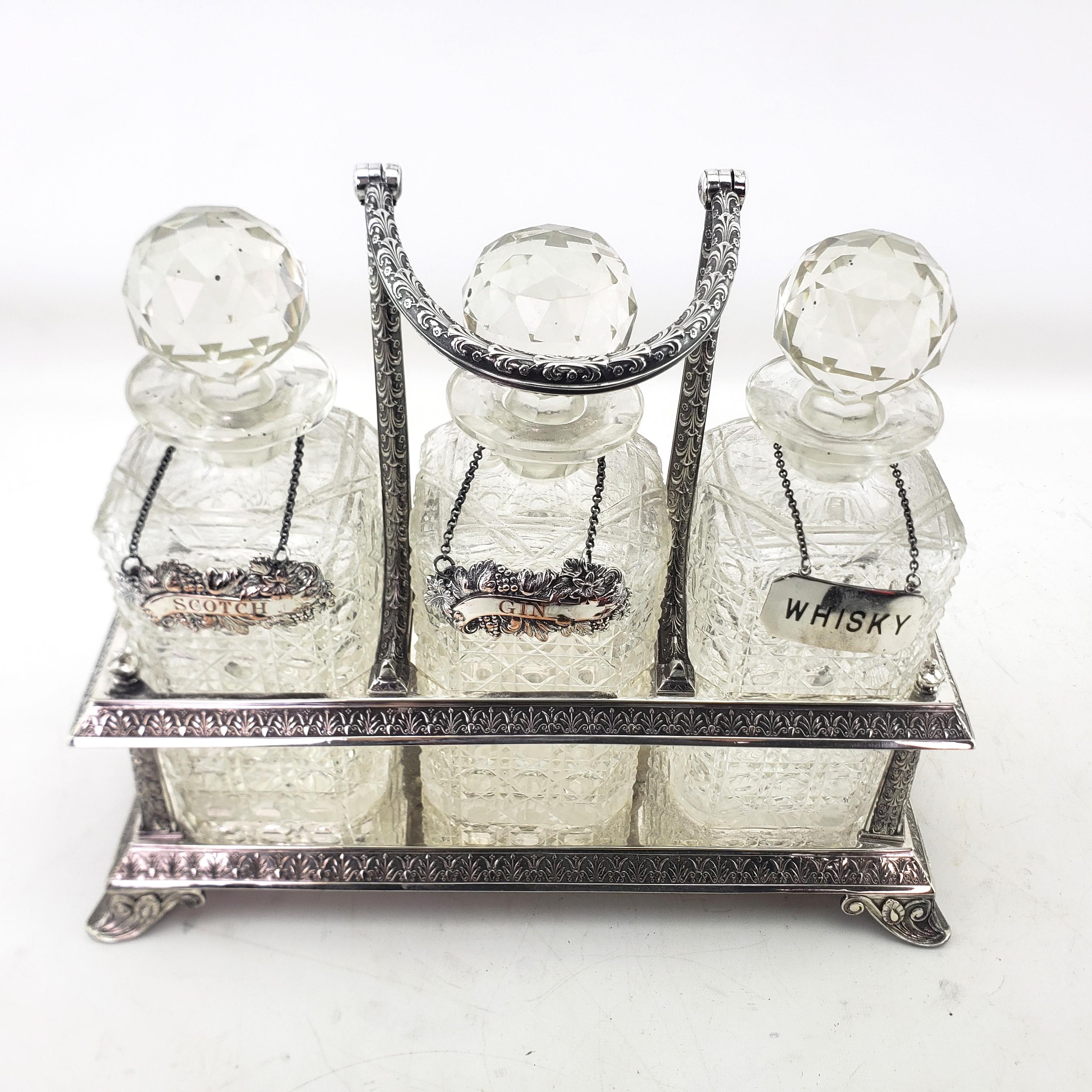 Antique Elkington Silver Plated Tantalus with 3 Cut Crystal Liquor Decanters For Sale 11